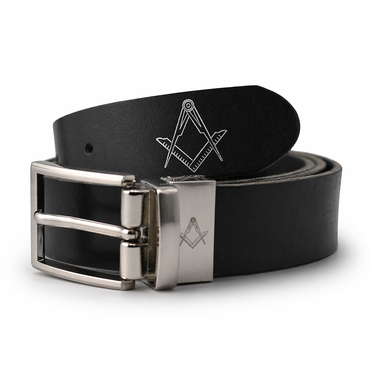 Black leather belt with silver buckle and Masonic emblem on a white background, showing the sqaure & compasses engraved o nthe buckle and embossed on the tip.