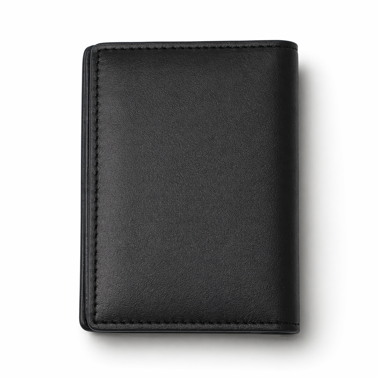 Back view of black masonic leather card holder wallet with stitched edges