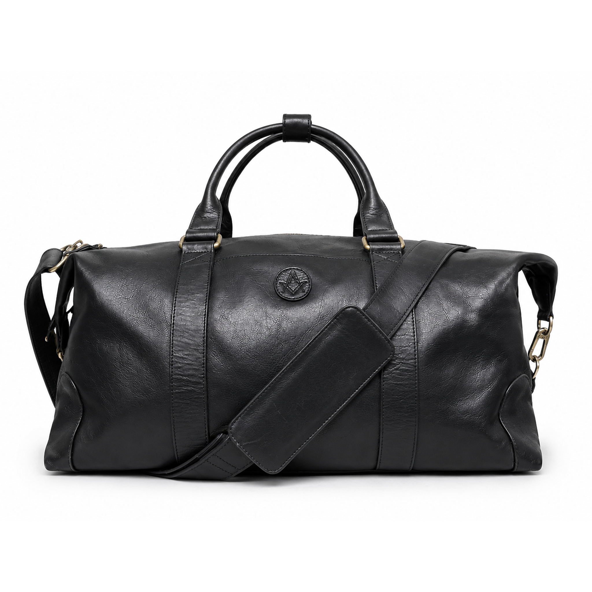 Black leather Masonic holdall travel bag front view, featuring the Square & Compasses synbol embossed