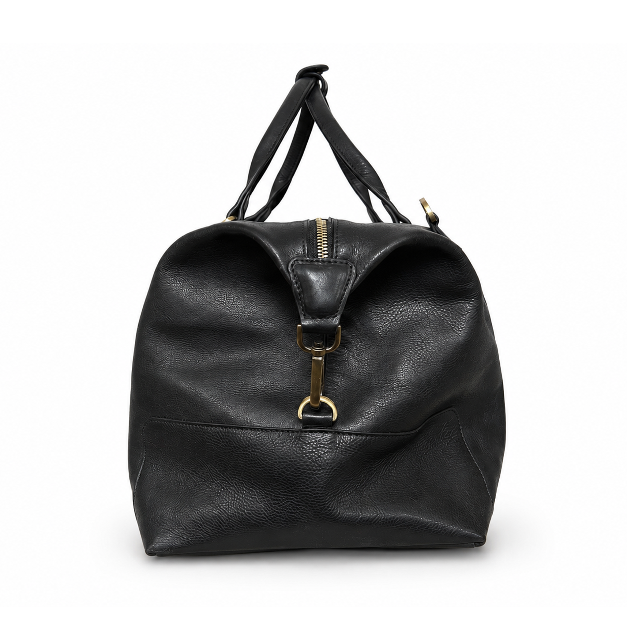 Side view of black leather Masonic holdall with zip and handle detail
