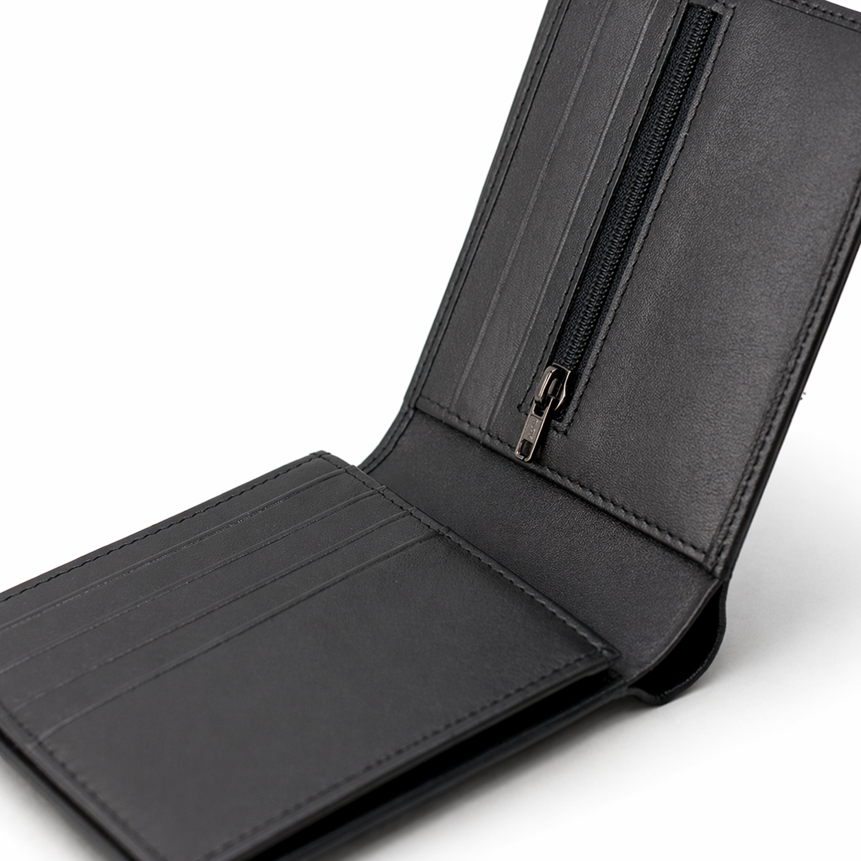 Premium Black leather card wallet with stitched edges featuring RFID blocking technology, ten card slots and a zipped coin pocket.