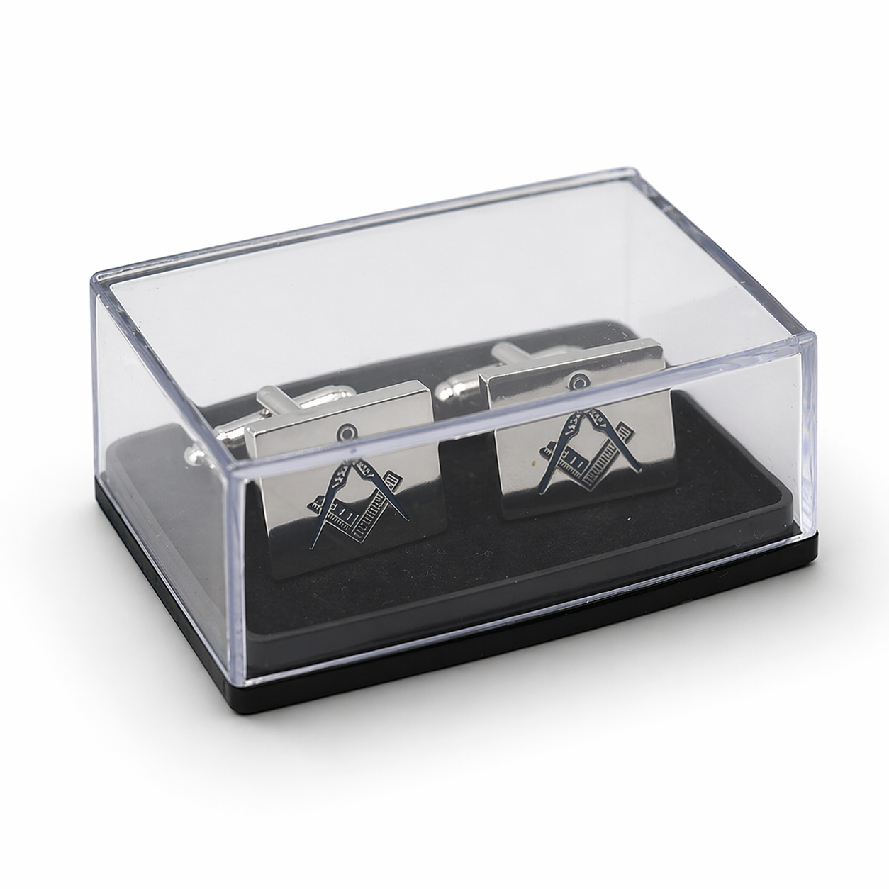 Masonic square and compass silver cufflinks in clear display case, Freemason formal accessory gift for suit and lodge wear