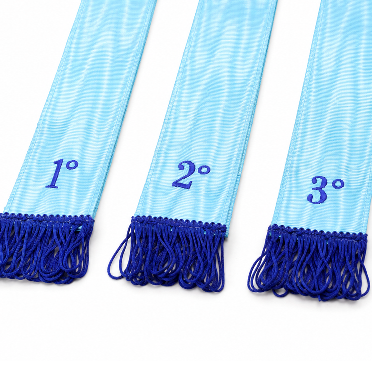 A blue Craft Masonic Bible Marker with 1, 2 & 3 degress close up view.