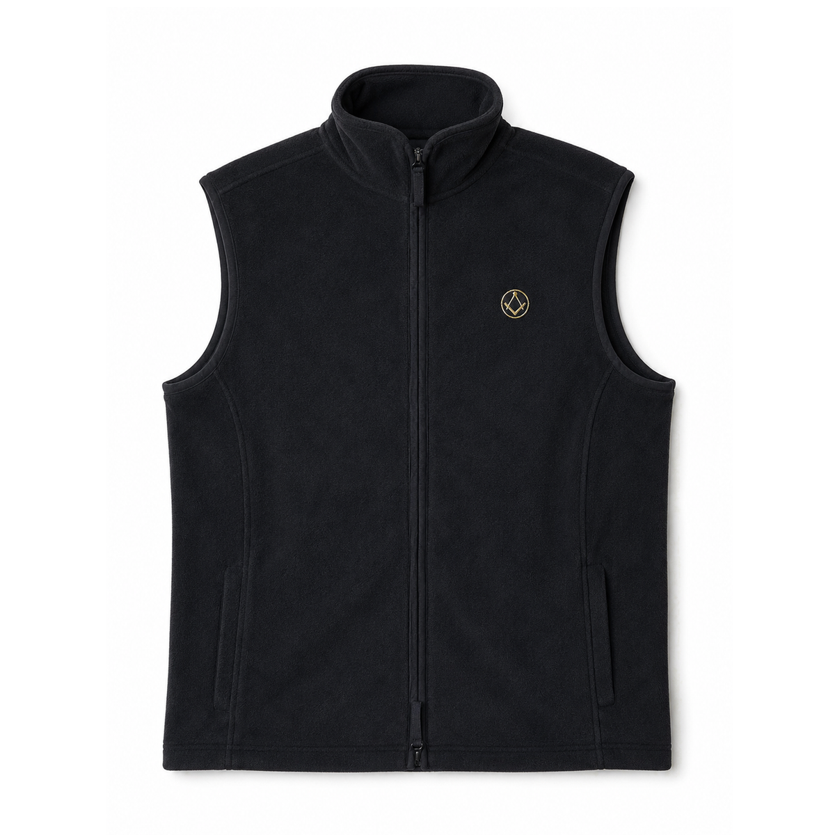 Masonic Preimum Black sleeveless fleece gilet with a full front zip, high stand collar, side pockets, and a small gold and black square and compasses emblem on the left chest, shown against a plain white background.