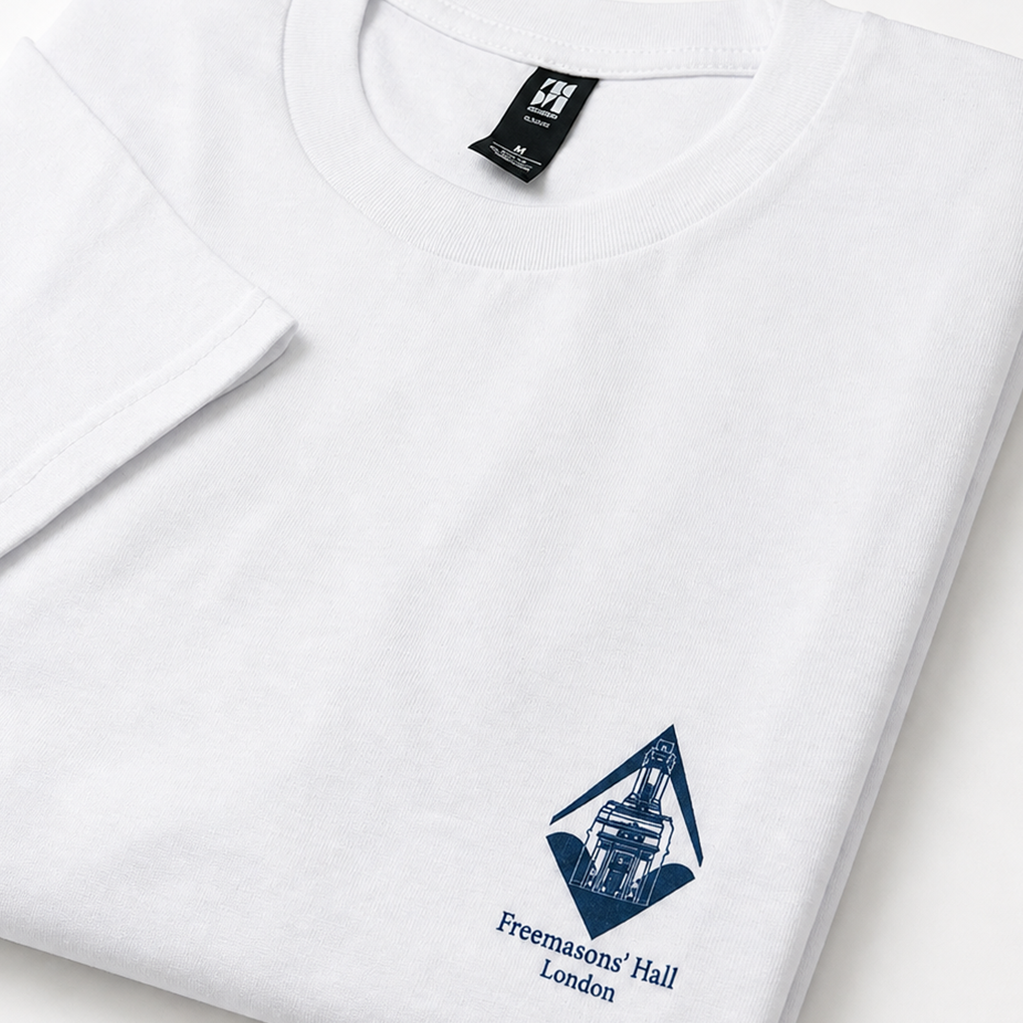 Masonic white t-shirt close up image featuring Freemasons’ Hall London logo on right chest, Freemason casual wear