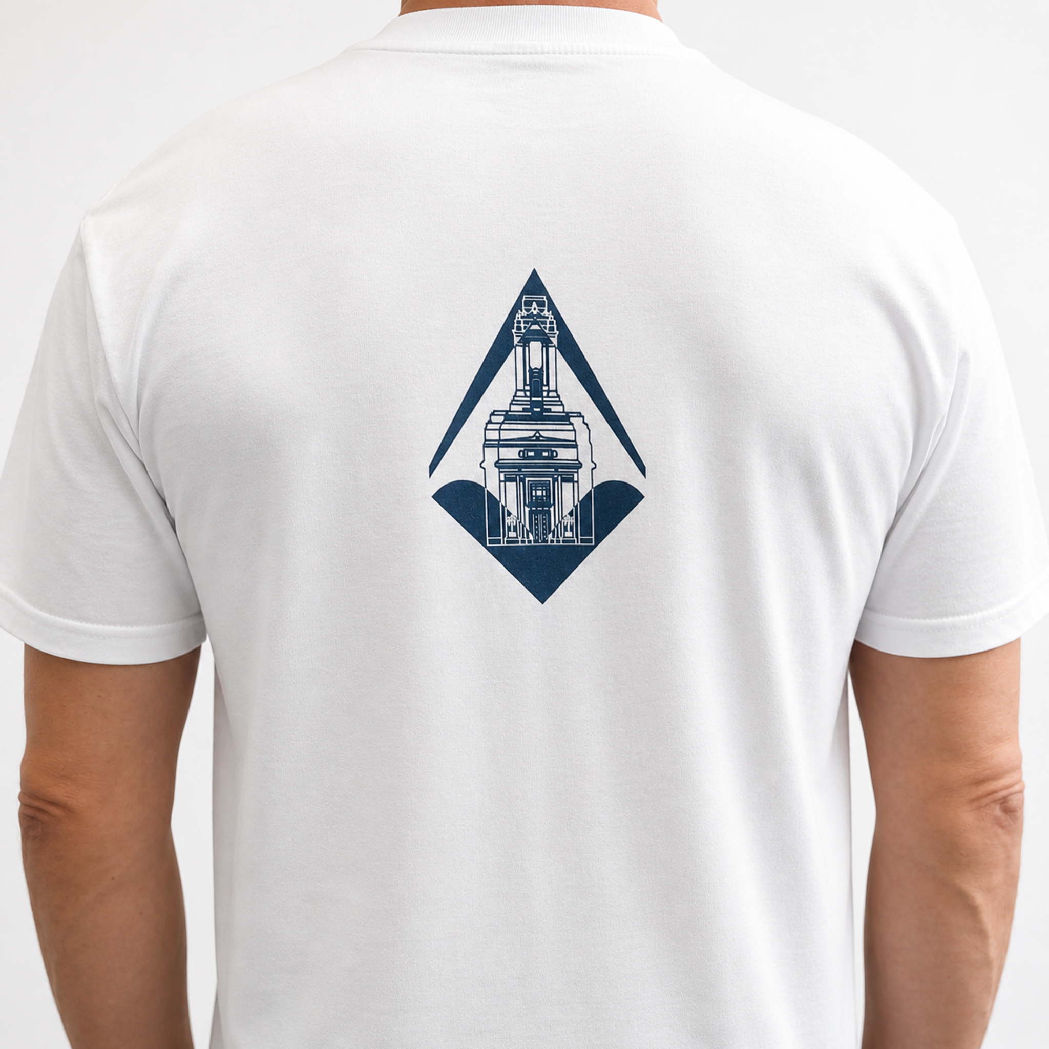 White Masonic t-shirt with Freemasons’ Hall London logo at upper back center, casual Freemason apparel