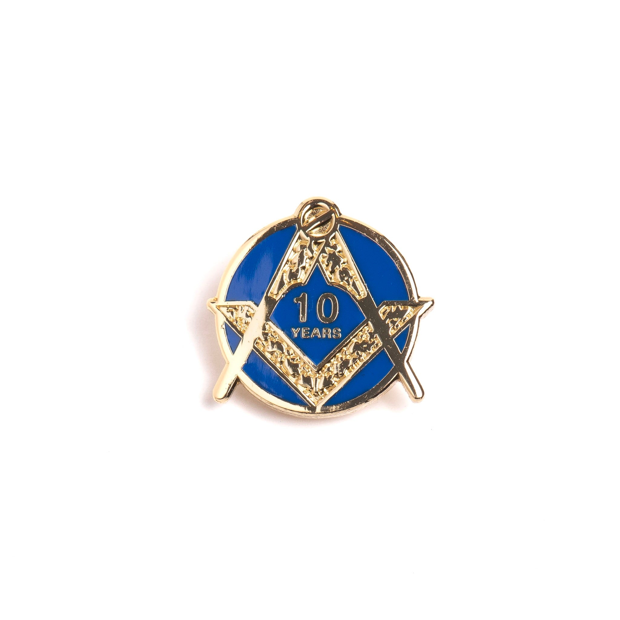 A pin badge with a blue background and gold-colored text and star design, with the number '10' and the word 'Years' featured prominently.