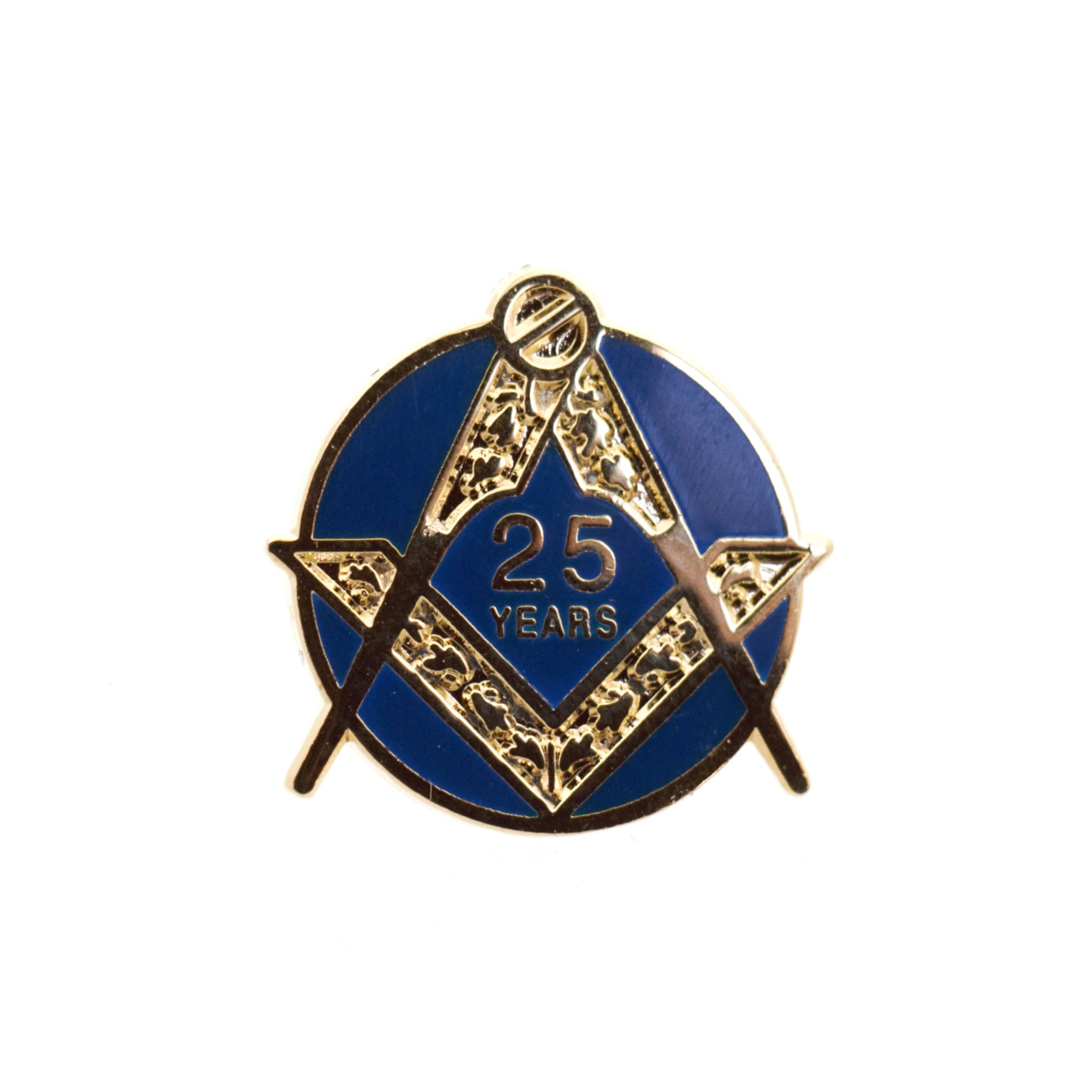 A pin badge with a blue background and gold-colored text and star design, with the number '25' and the word 'Years' featured prominently.