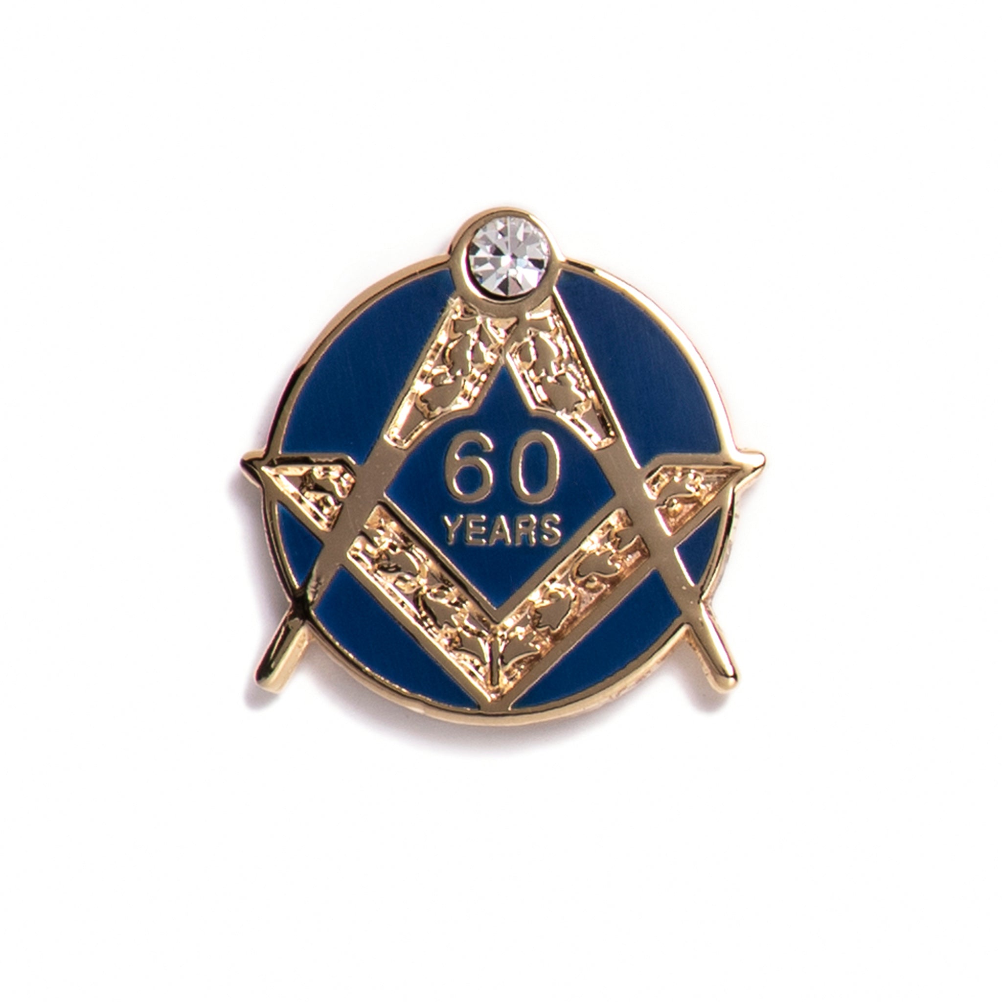 A pin badge with a blue background and gold-colored text and star design, with the number '60' and the word 'Years' featured prominently.
