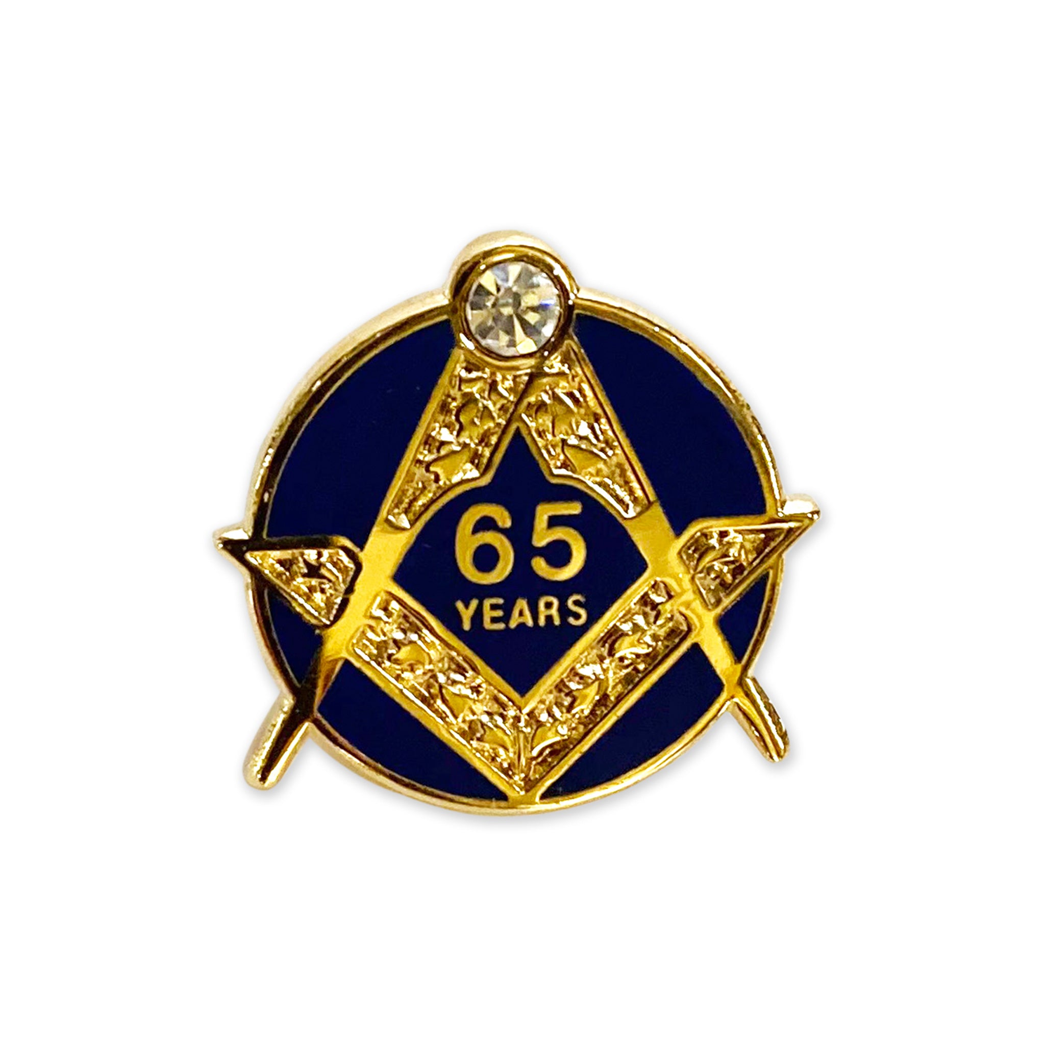 A pin badge with a blue background and gold-colored text and star design, with the number '65' and the word 'Years' featured prominently.