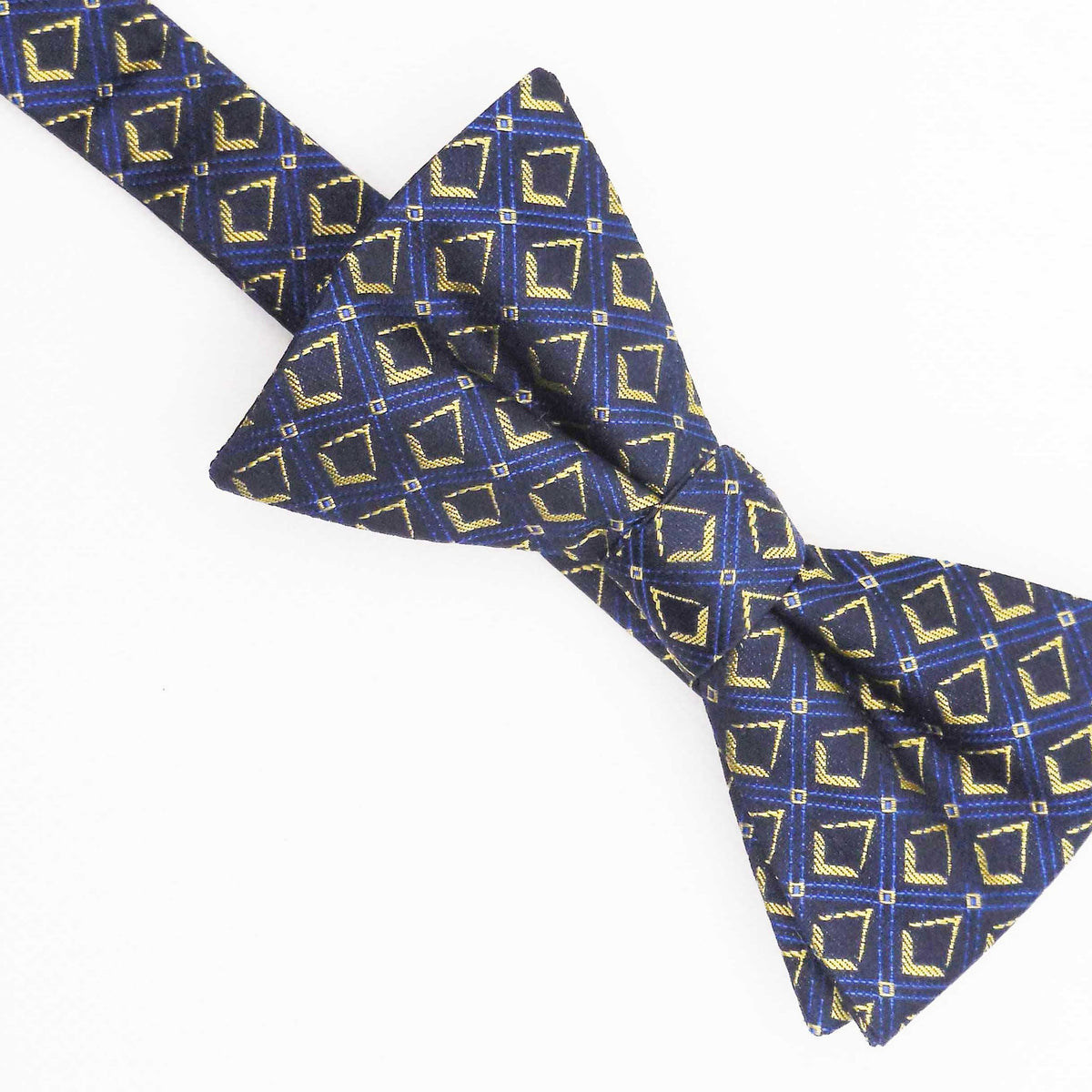 A Freemasons' bow tie with a Square & Compasses pattern of blue and gold.