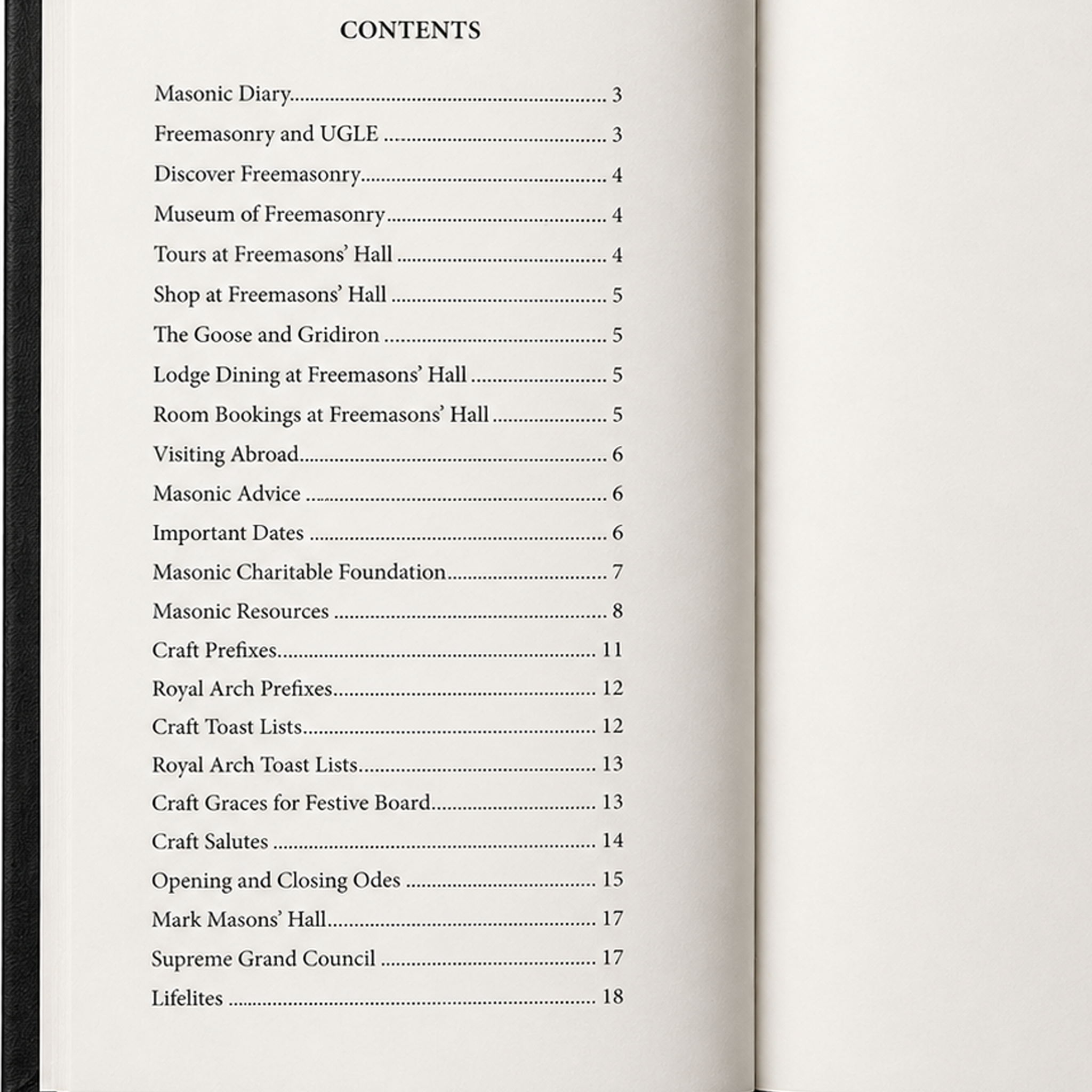 Black Masonic 2027 Diary contents page