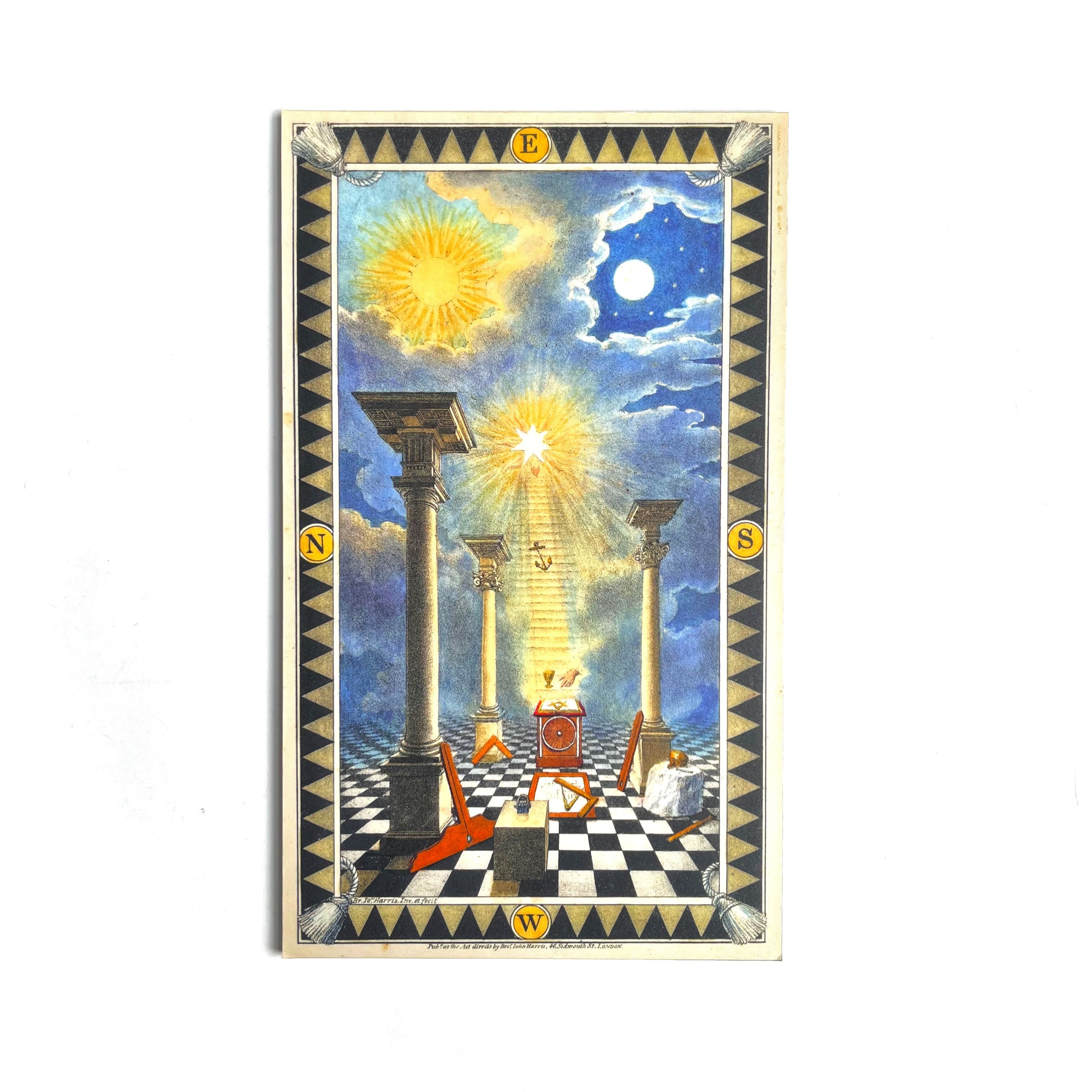 Decorative Masonic first degree tracing board with columns, sun, moon, and compass directions on a checkered floor.