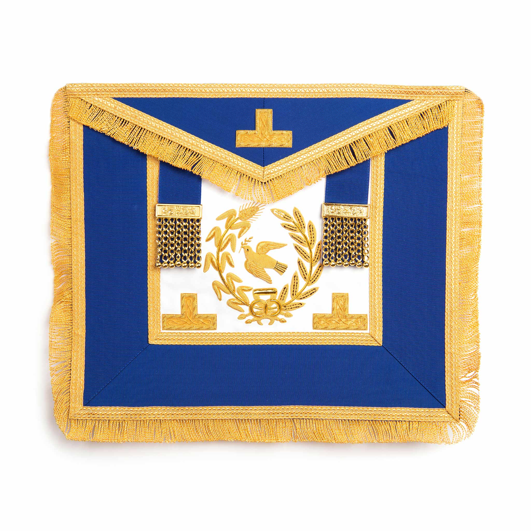 A blue and gold master mason apron with embroidery and a fringe.