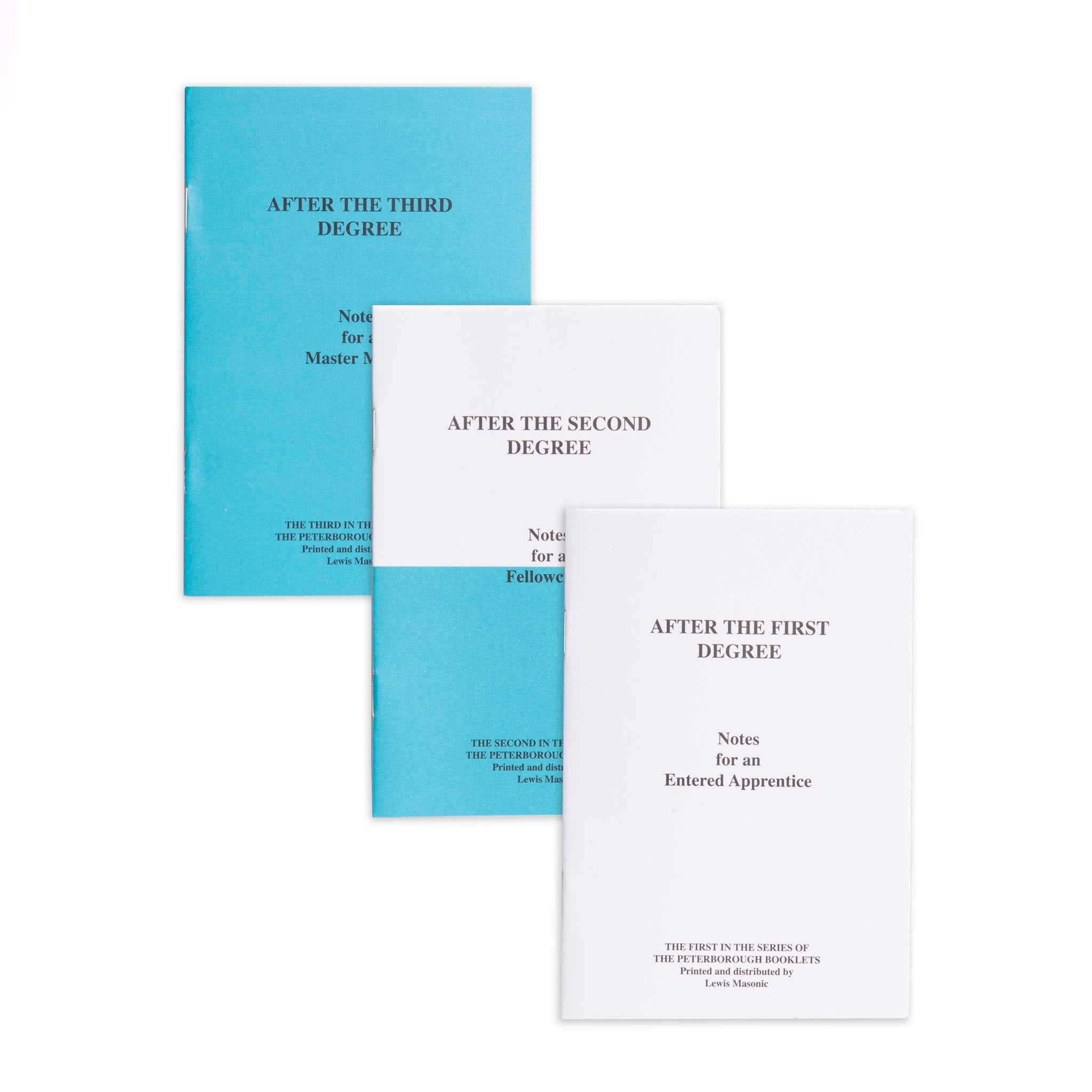 Three blue booklets with white text titled 'AFTER THE 1ST, 2ND & 3RD DEGREE' and 'Peterborough Masonic Lodge'.