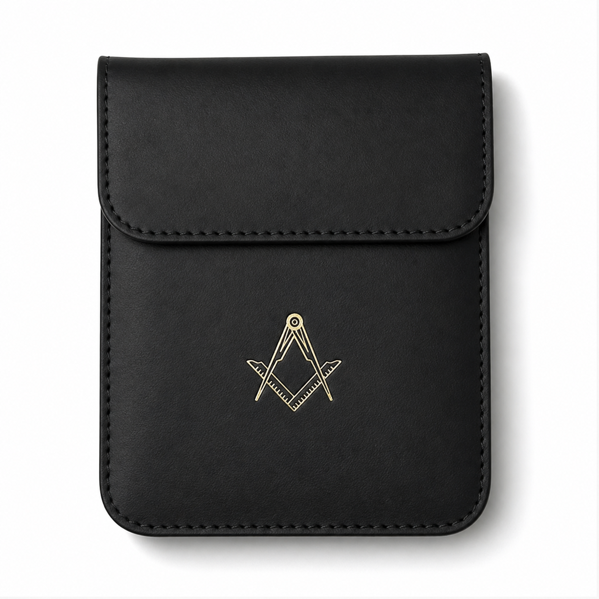 Black premium leather car key pouch with gold Freemasons' square & compasses emblem on a white background
