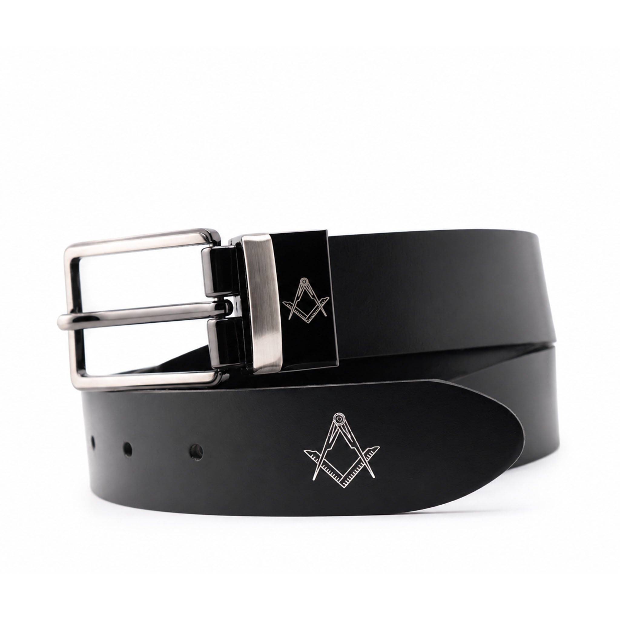 Black belt with silver buckle featuring Masonic square and compasses symbol