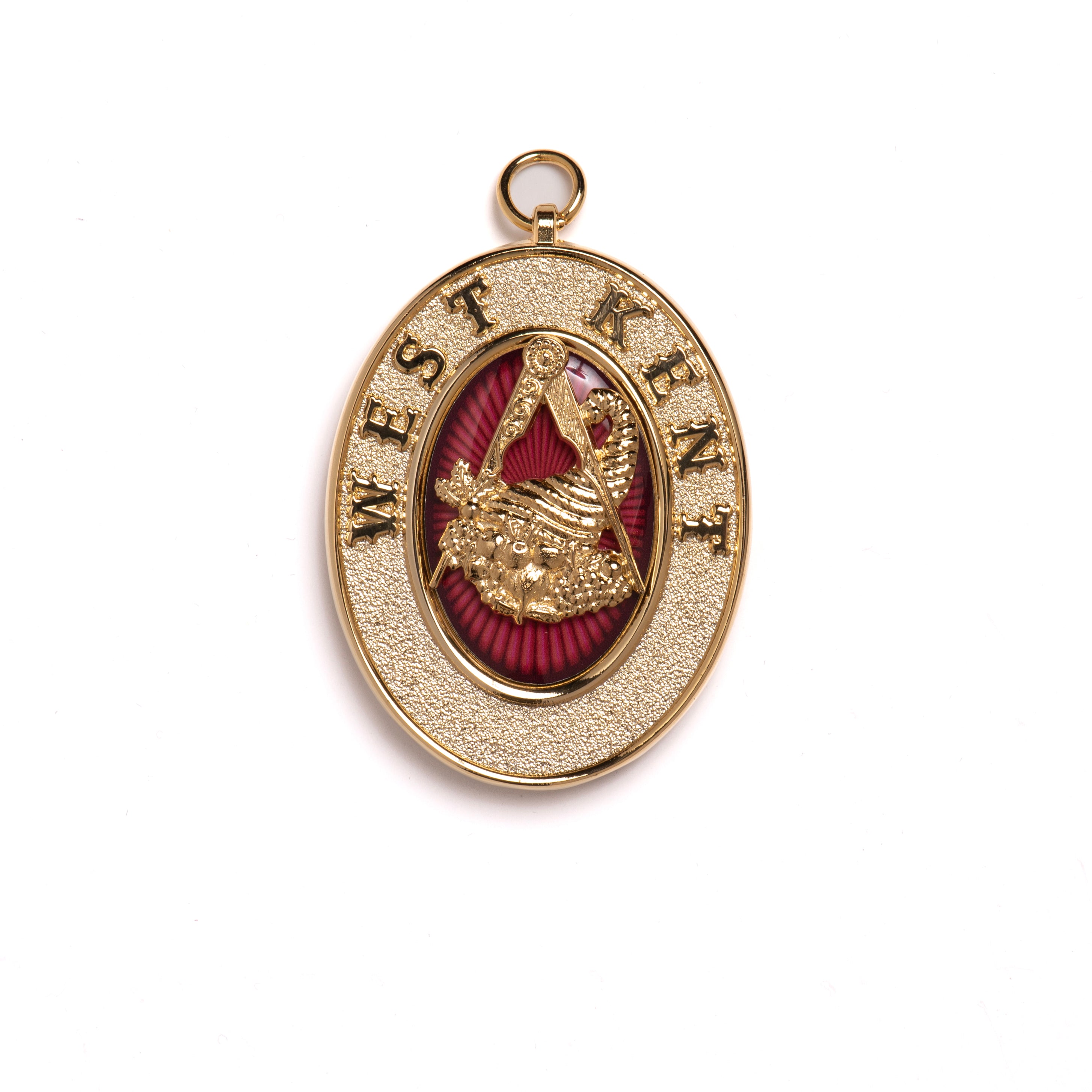 A gold and red-coloured brooch featuring the emblem of a steward's collar with the word 'West Kent' above it.