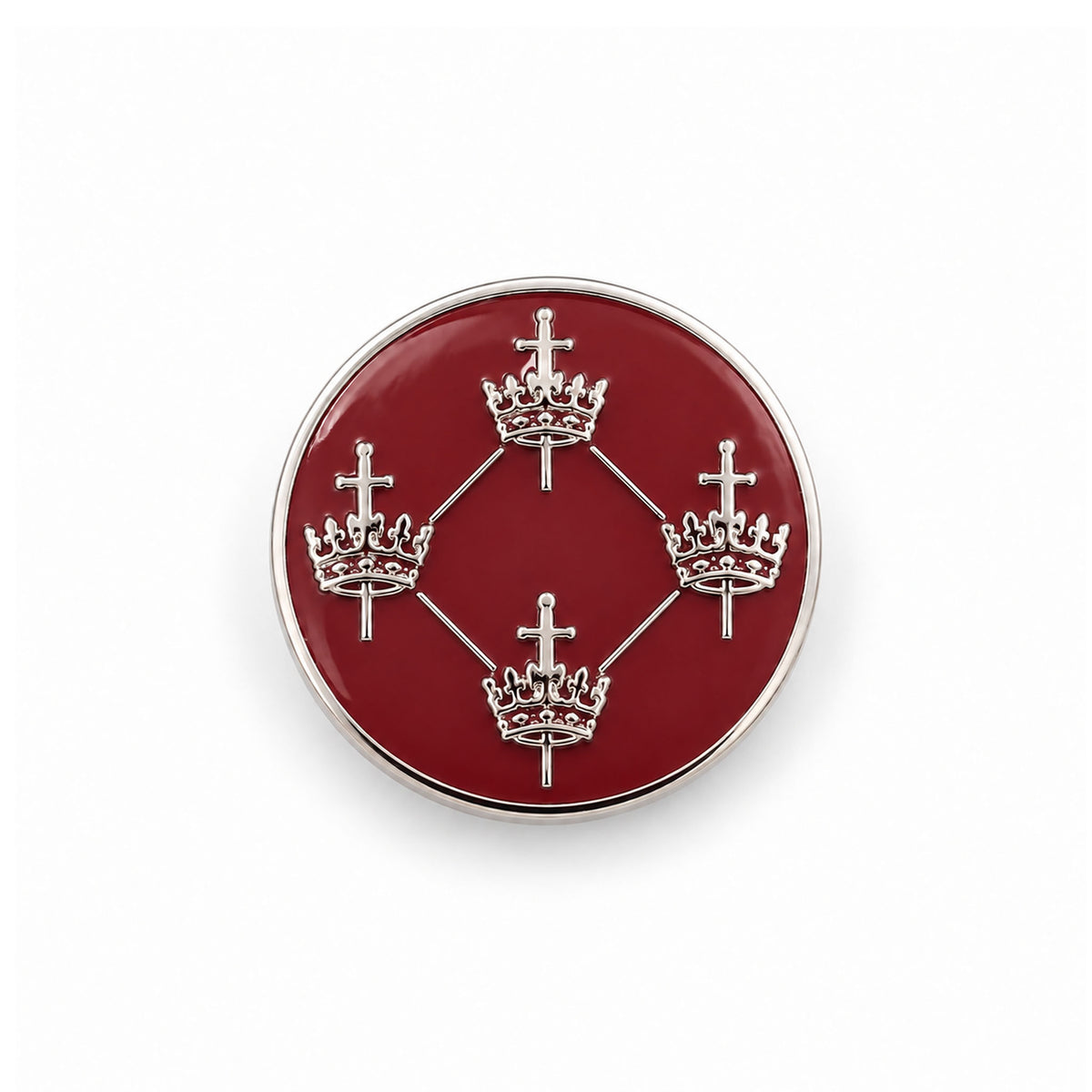 A Masonic Quatuor Coronati Lapel Pin Badge Red geometric design, featuring a plated finishwith silver colour.