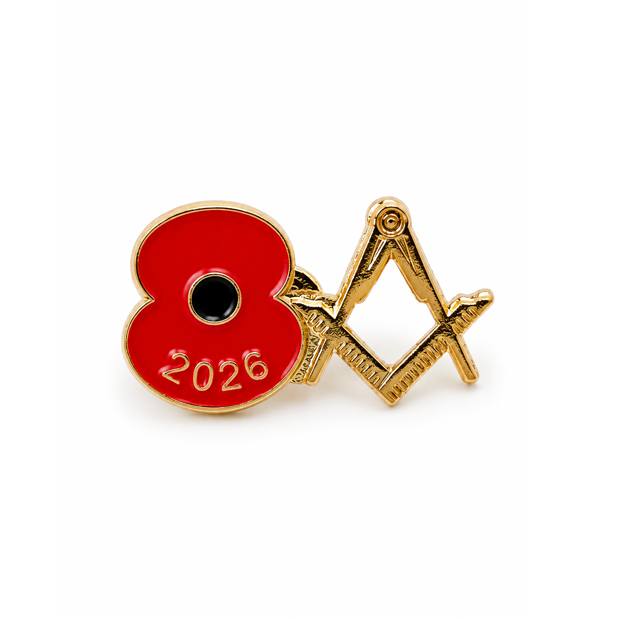 Front view of 2026 Masonic red poppy lapel pin featuring Square and Compasses design