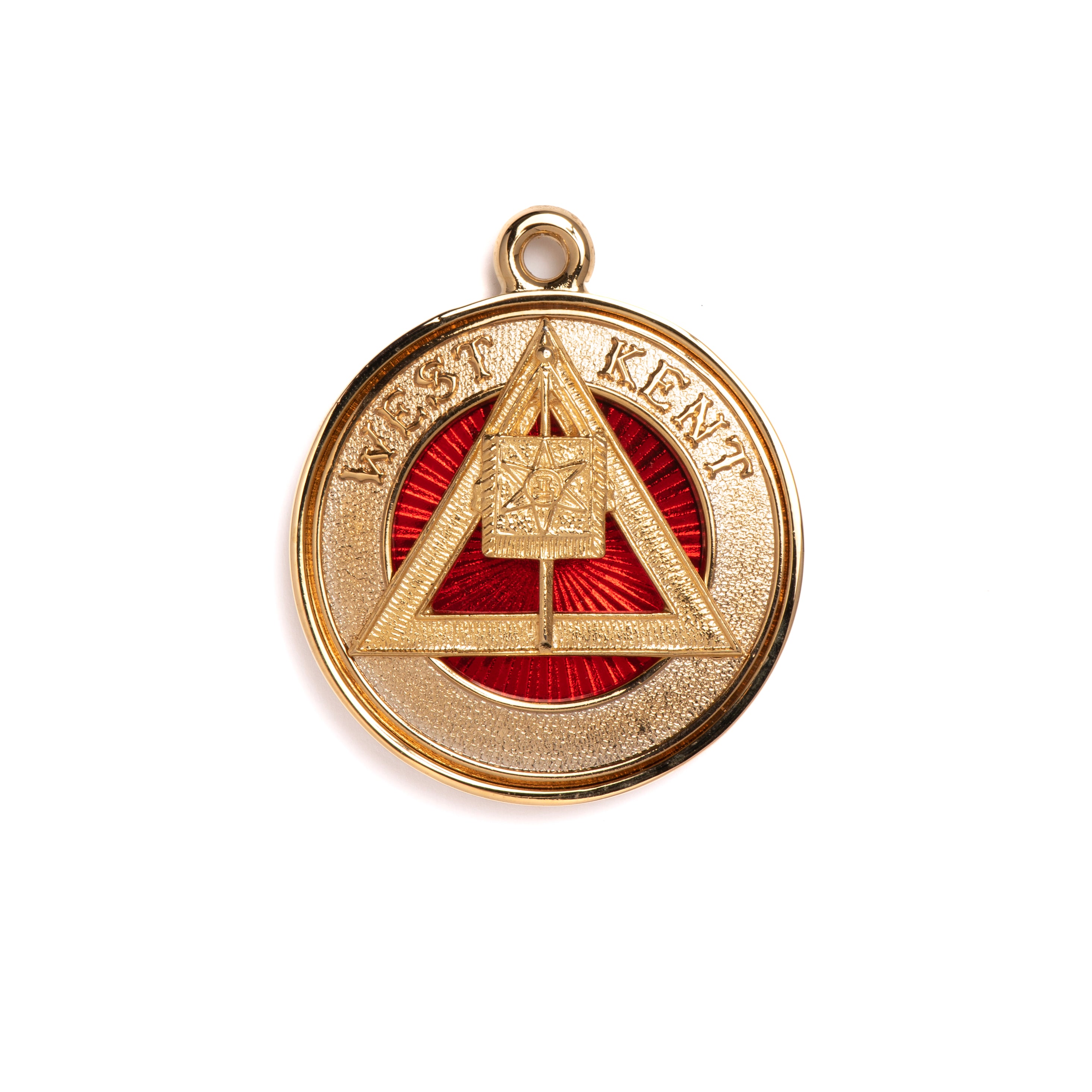 A Masonic Royal Arch Past District Collar Jewel red & gold-colored, with a red enamel background and a geometric pattern, featuring the text 'WEST KENT' in the centre.