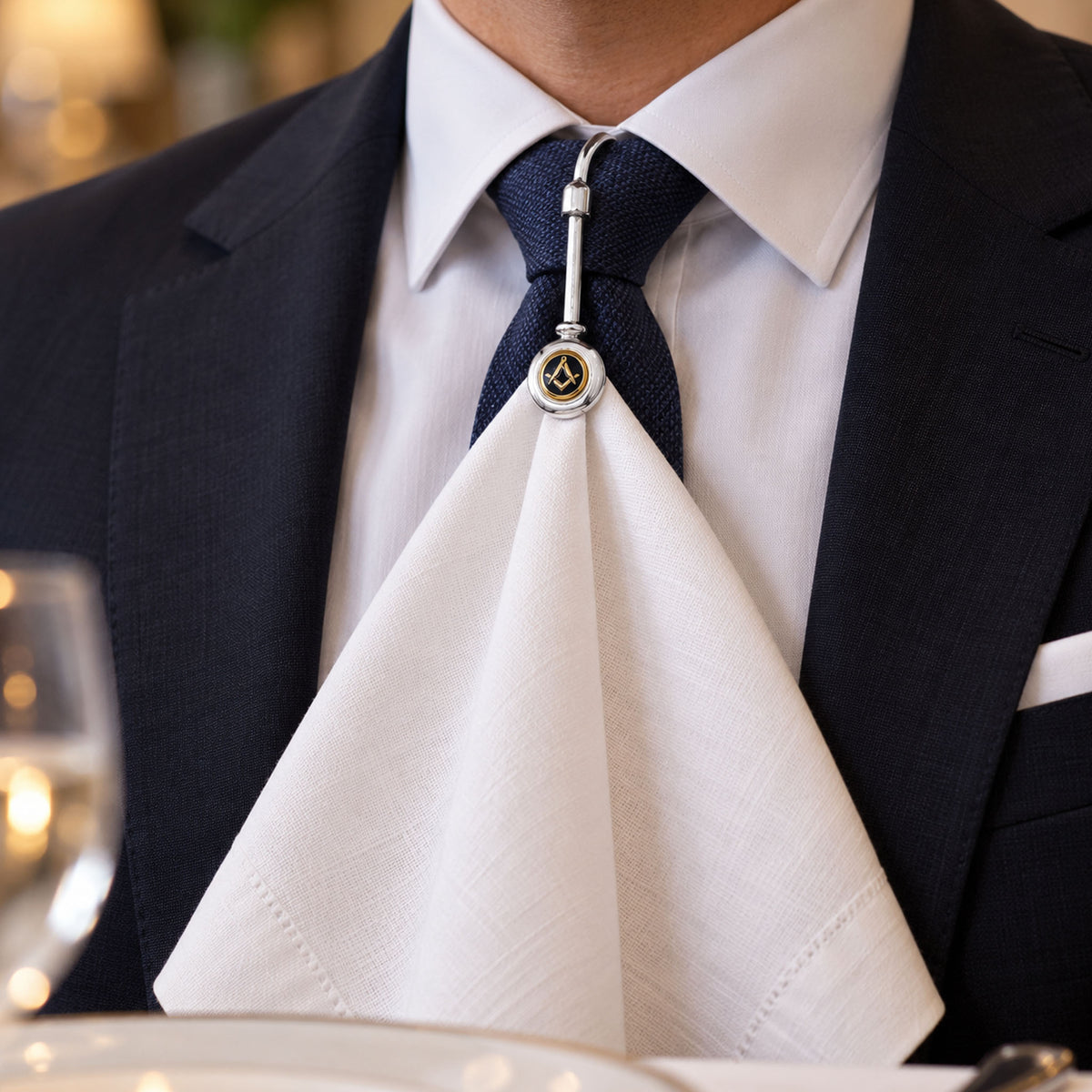 Masonic Square and Compasses napkin hook holding a white serviette with formal suit and tie