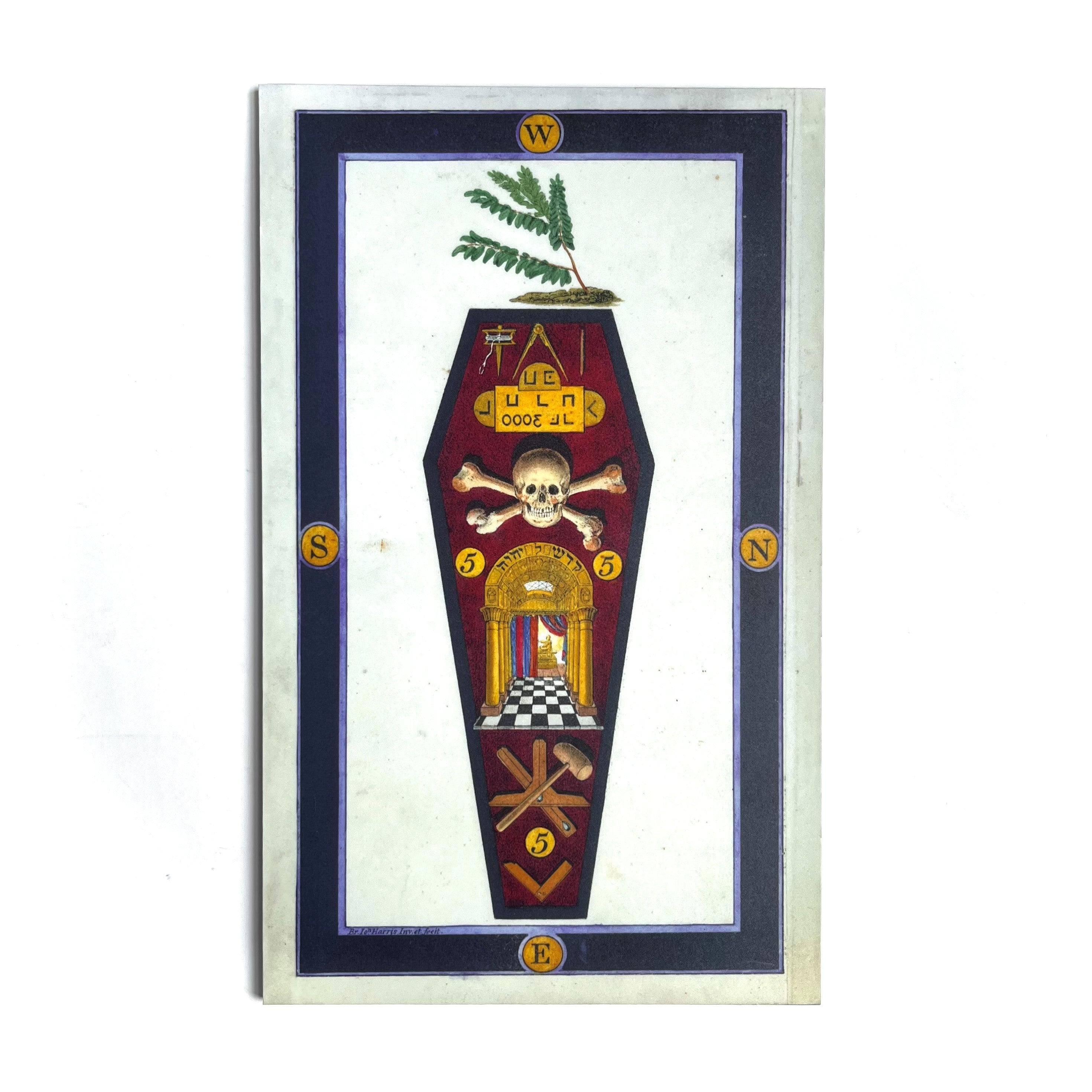 Masonic Third Degree Tracing Board with decorative coffin-shaped object with symbols and text on a white background