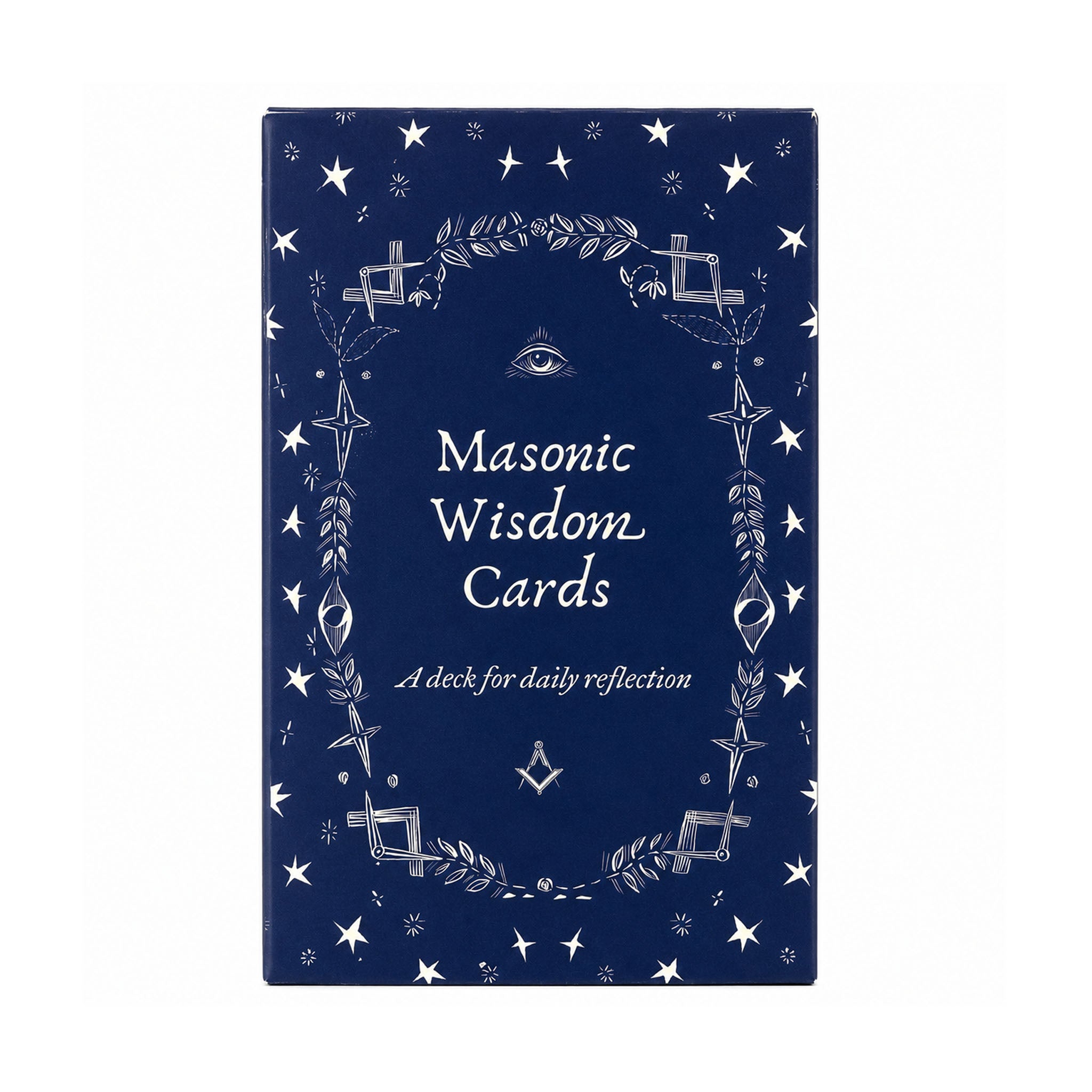 Front view of Wisdom Cards deck in a dark blue box with white symbols and text.