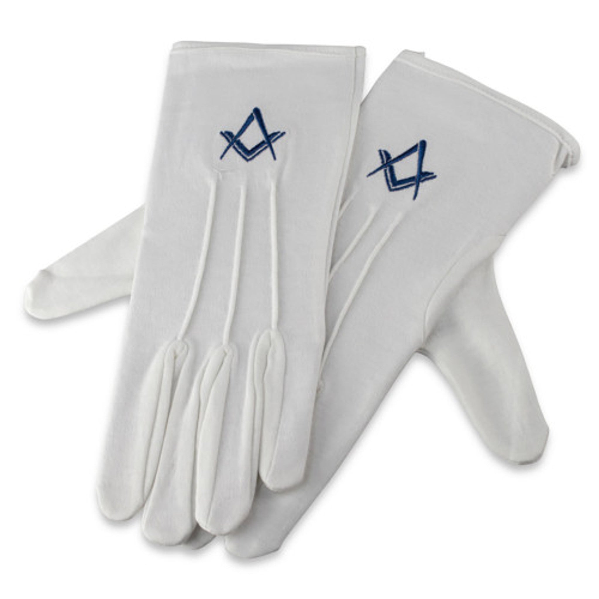 A pair of Mens Masonic Cotton Gloves with navy blue Square & Compasses motif