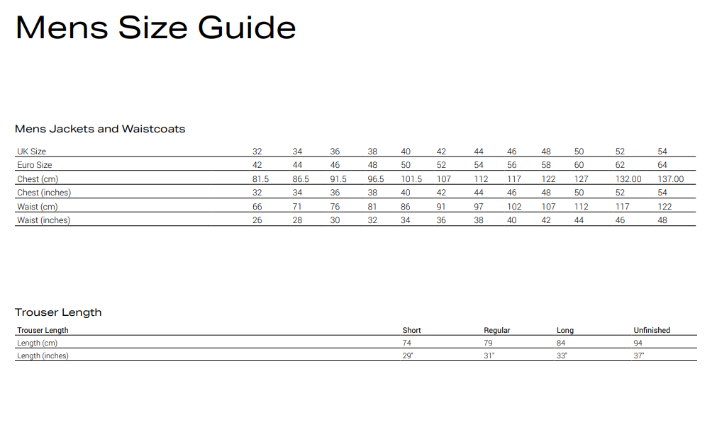 Mens size guide Jackets, Waistcoats & Trousers