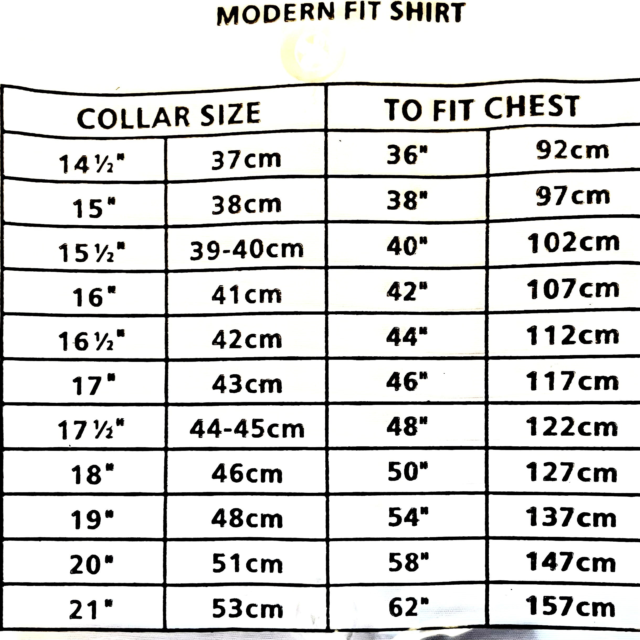 Mens white shirt single cuff size chart shown in a table using inches and centimetres showing collar and chest size