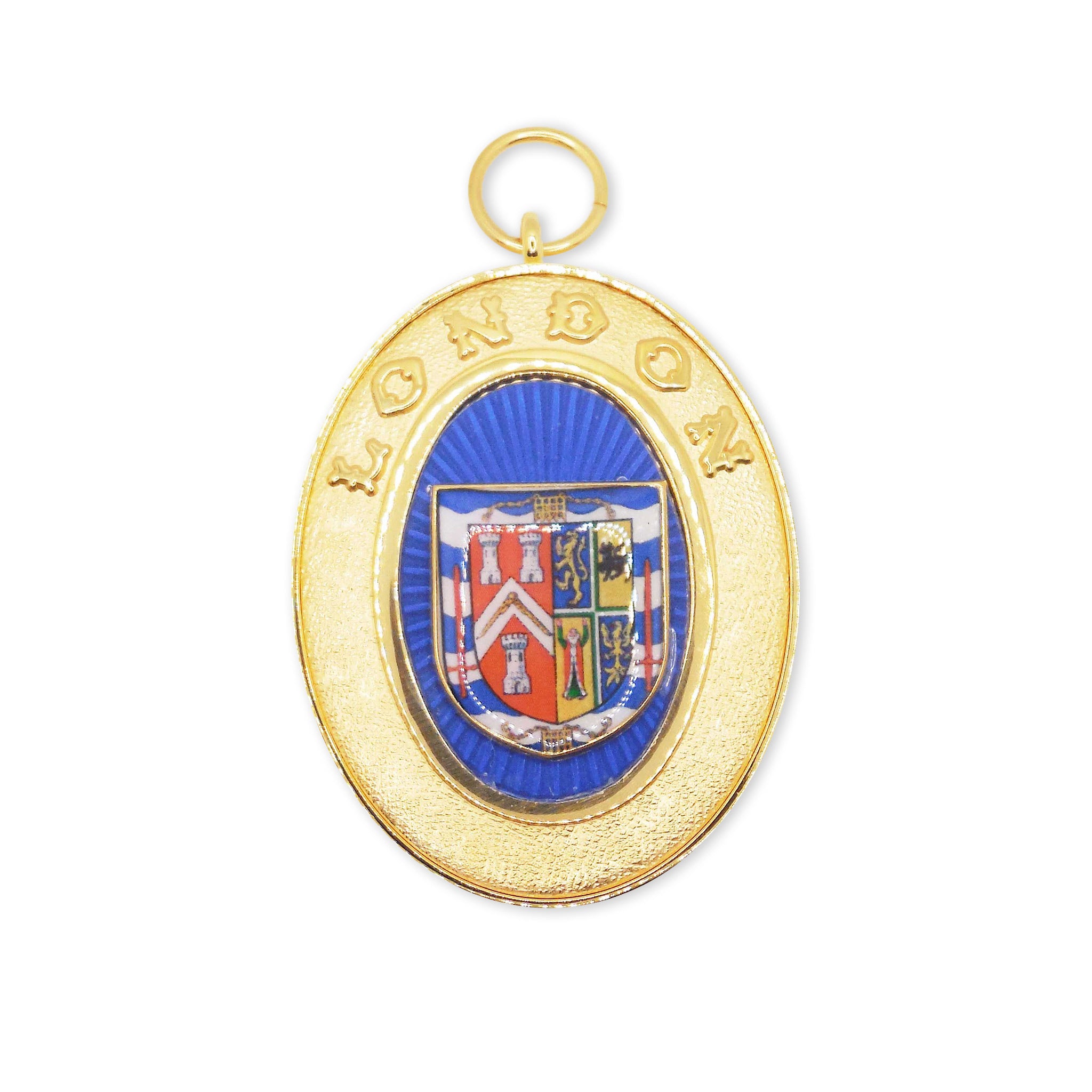 A gold-colored Masonic Past Officiers Collar jewel with a blue enamel center featuring a coat of arms, mounted on a ring.