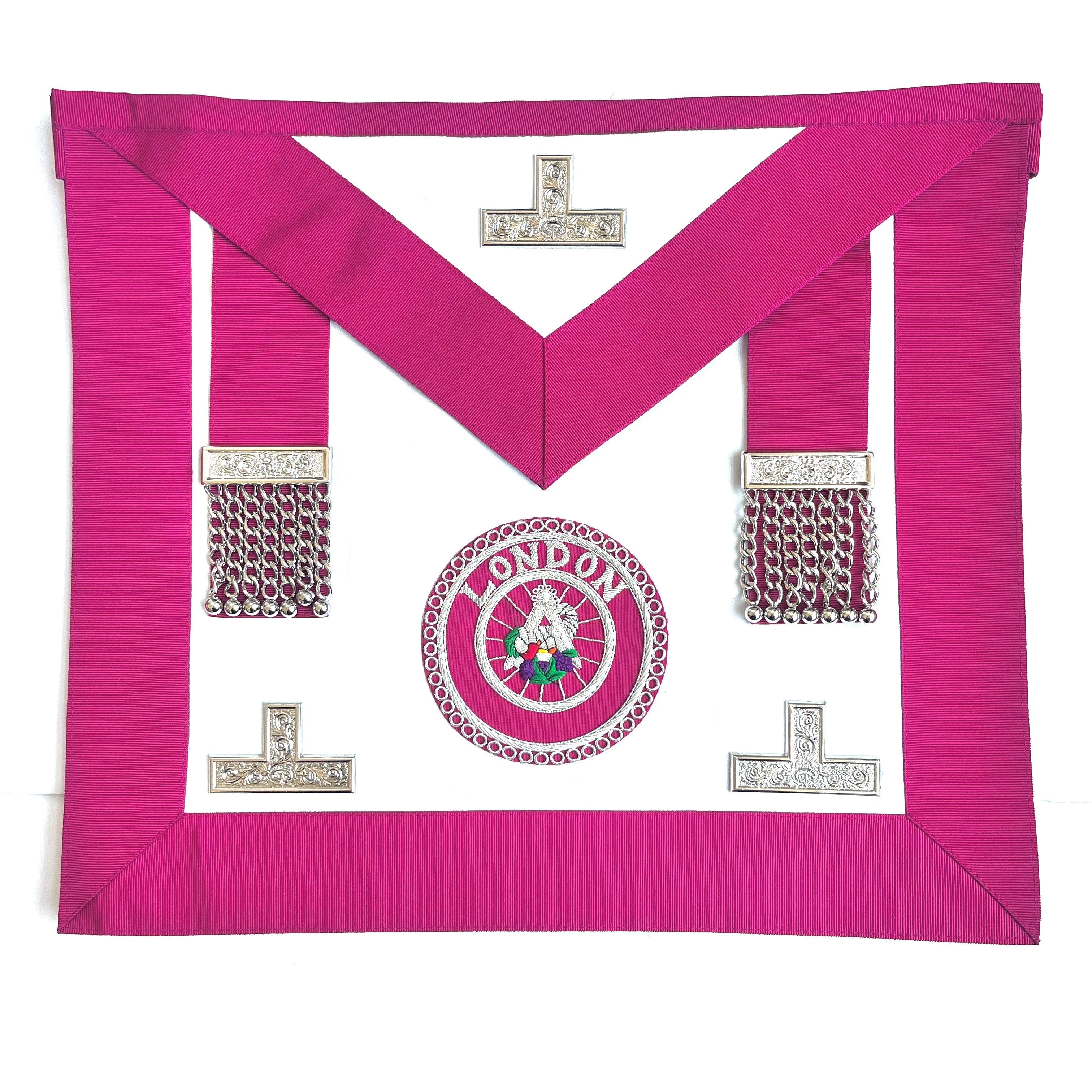 A pink and white Masonic apron with metallic embellishments and a central emblem, likely to be worn as part of a formal uniform or ceremonial attire.