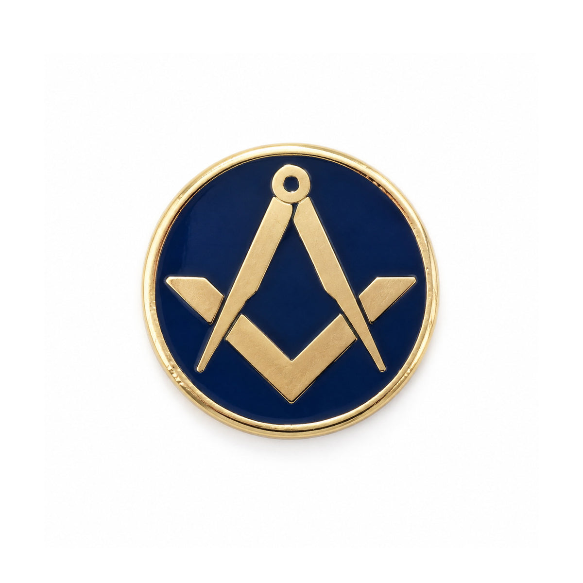 Blue and gold coloured Masonic lapel pin badge depicting the iconic square and compasses symbol.
