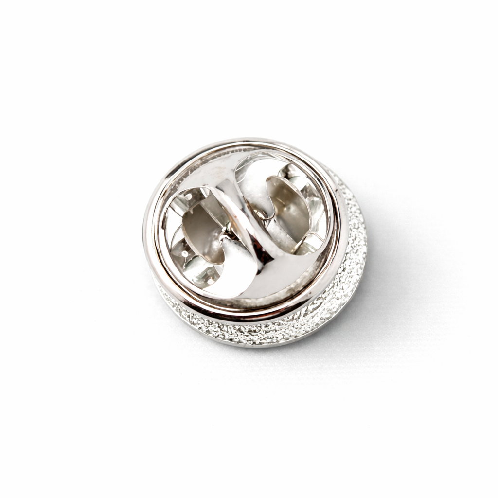 Back view of one journey silver-tone round Masonic lapel