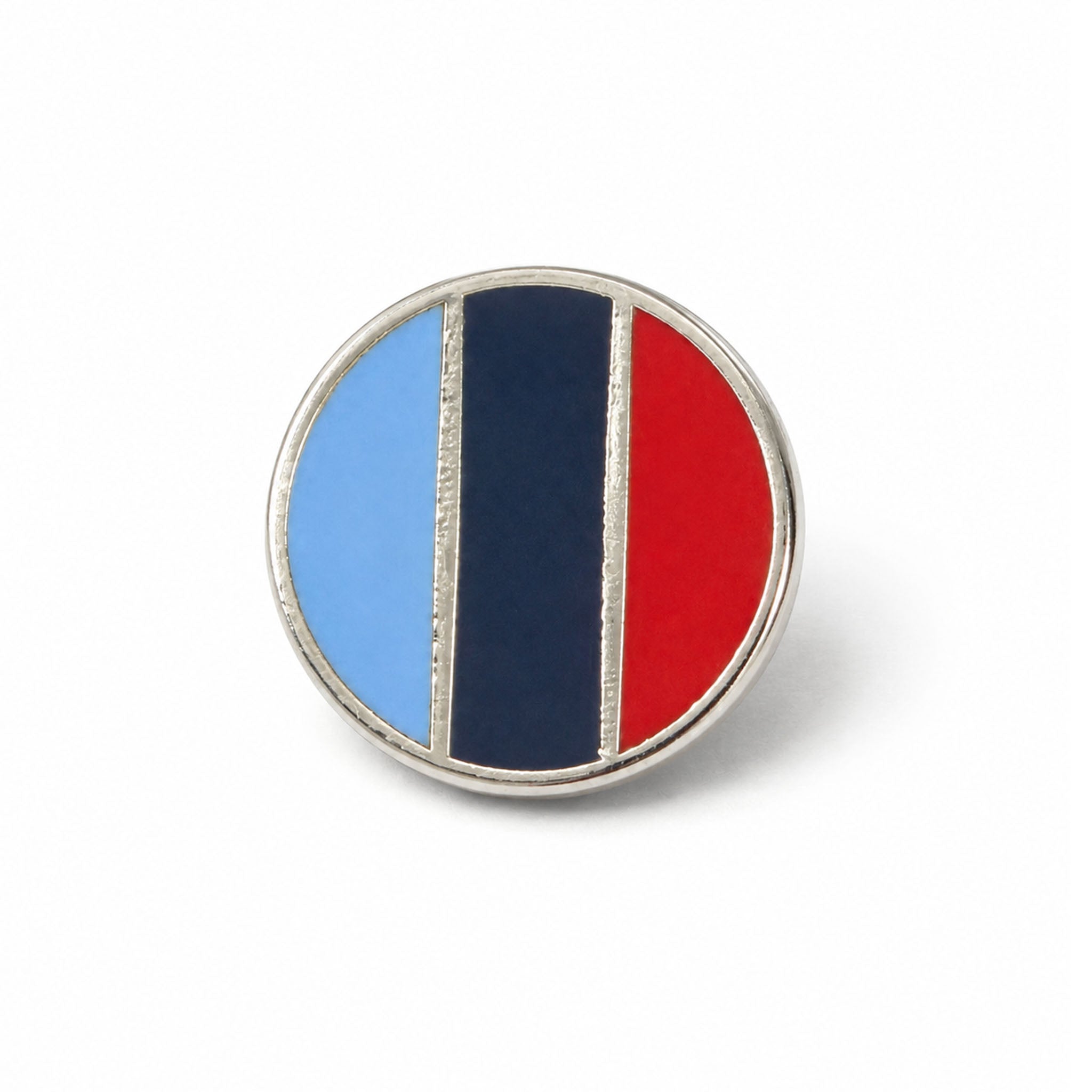 Front view of one journey silver-tone round Masonic lapel pin badge featuring in light blue, dark blue, and red.