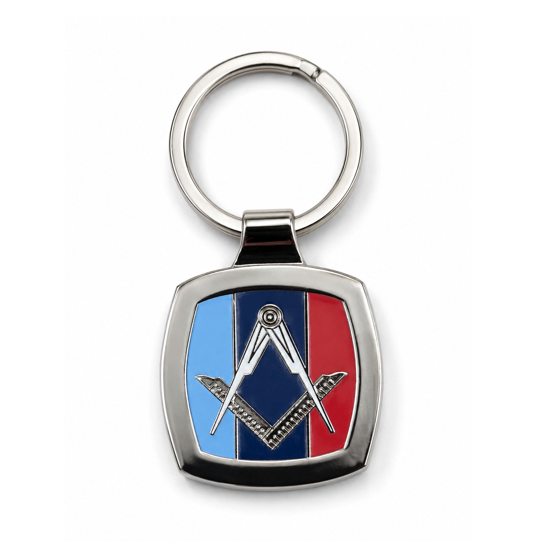Shiny silver-coloured metal key ring features the Masonic square & compasses emblem placed on top of the iconic one journey colour pattern