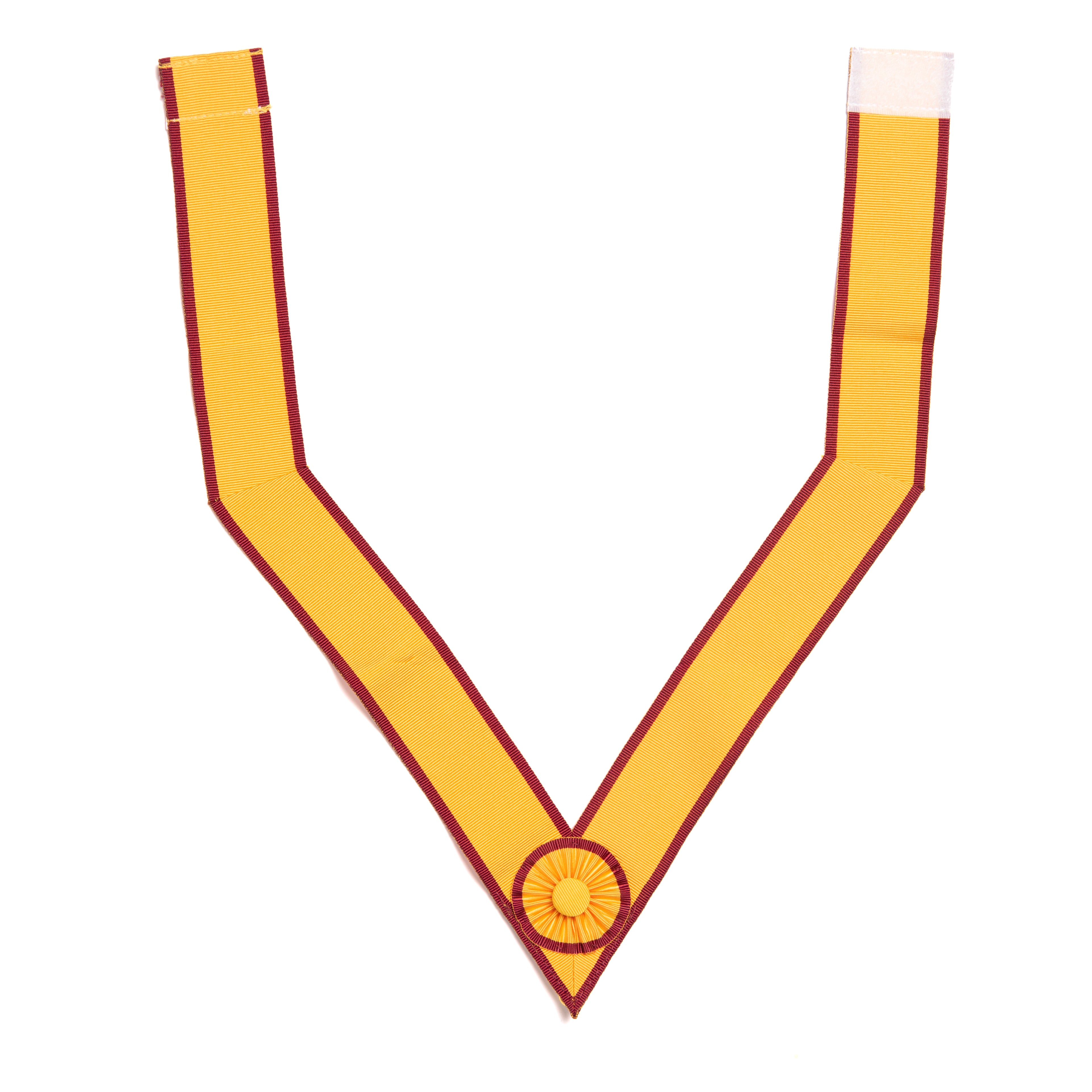 A yellow and red colored Masonic collar with a distinctive 'V' neck design and a central emblem.