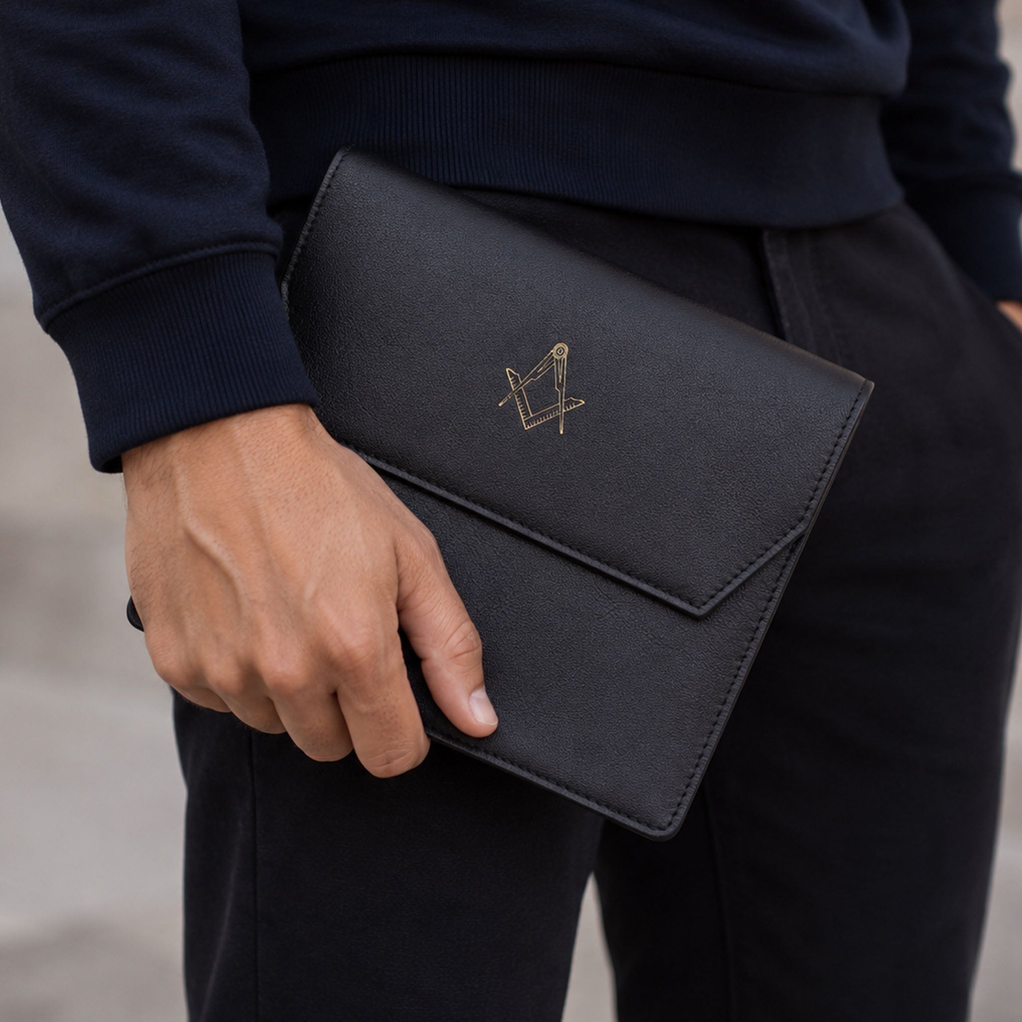 Black leather Masonic jewel holder being carried by hand