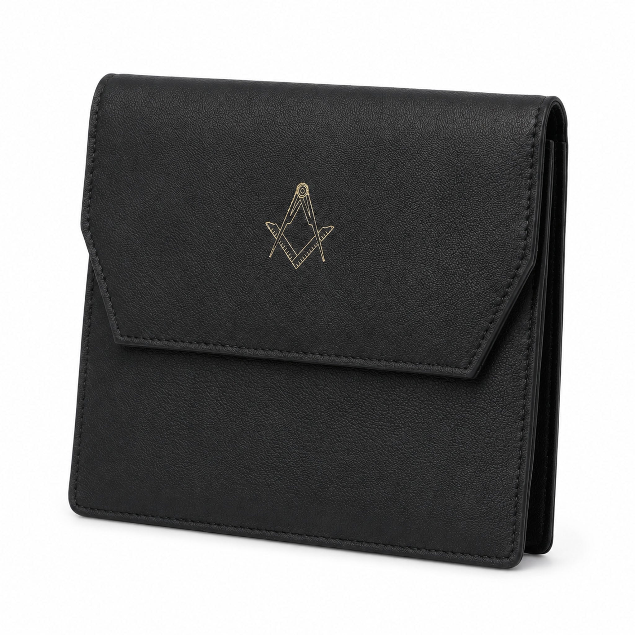 Side view of black leather Masonic jewel holder showing structured depth