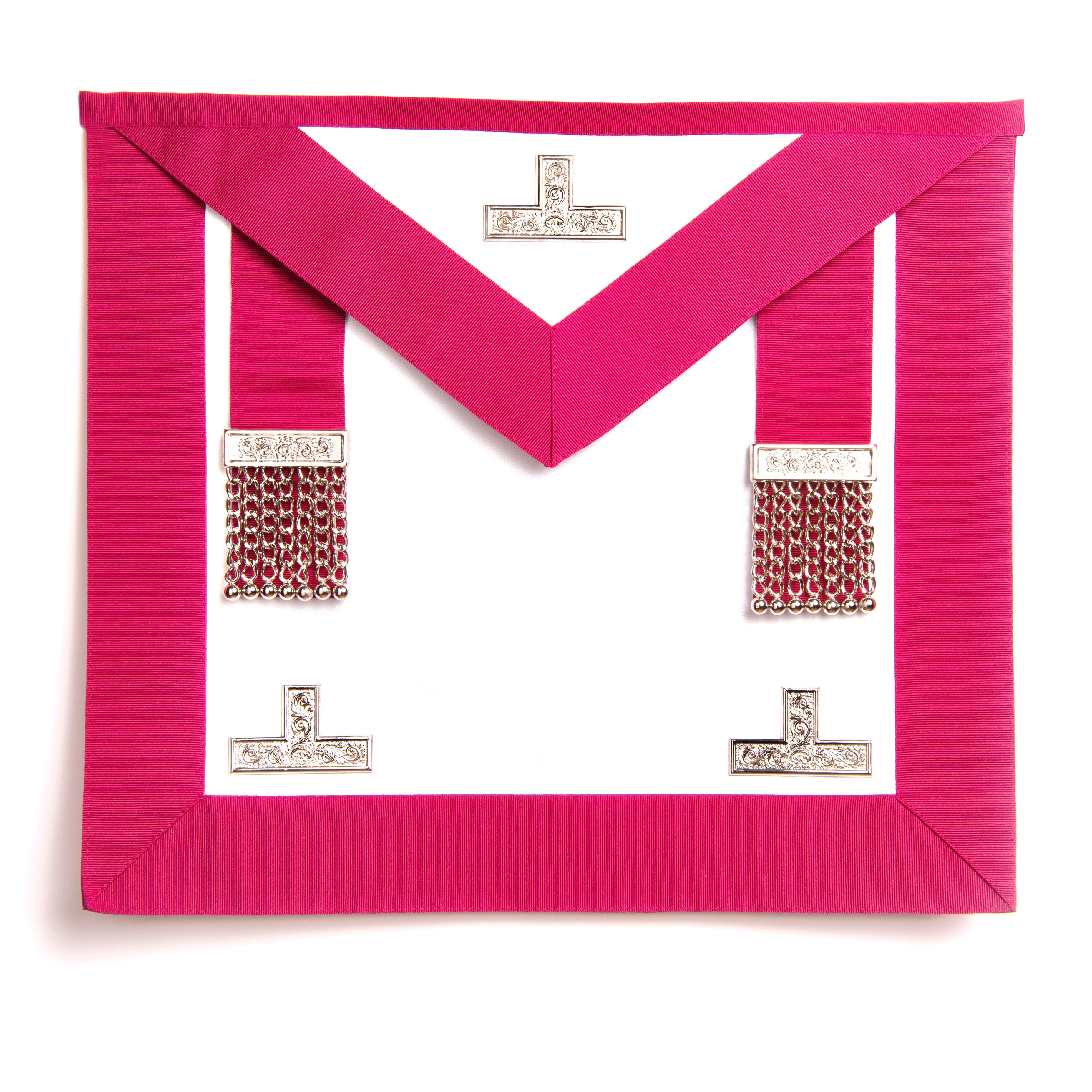 A pink Masonic apron with metallic embellishments, displayed flat.