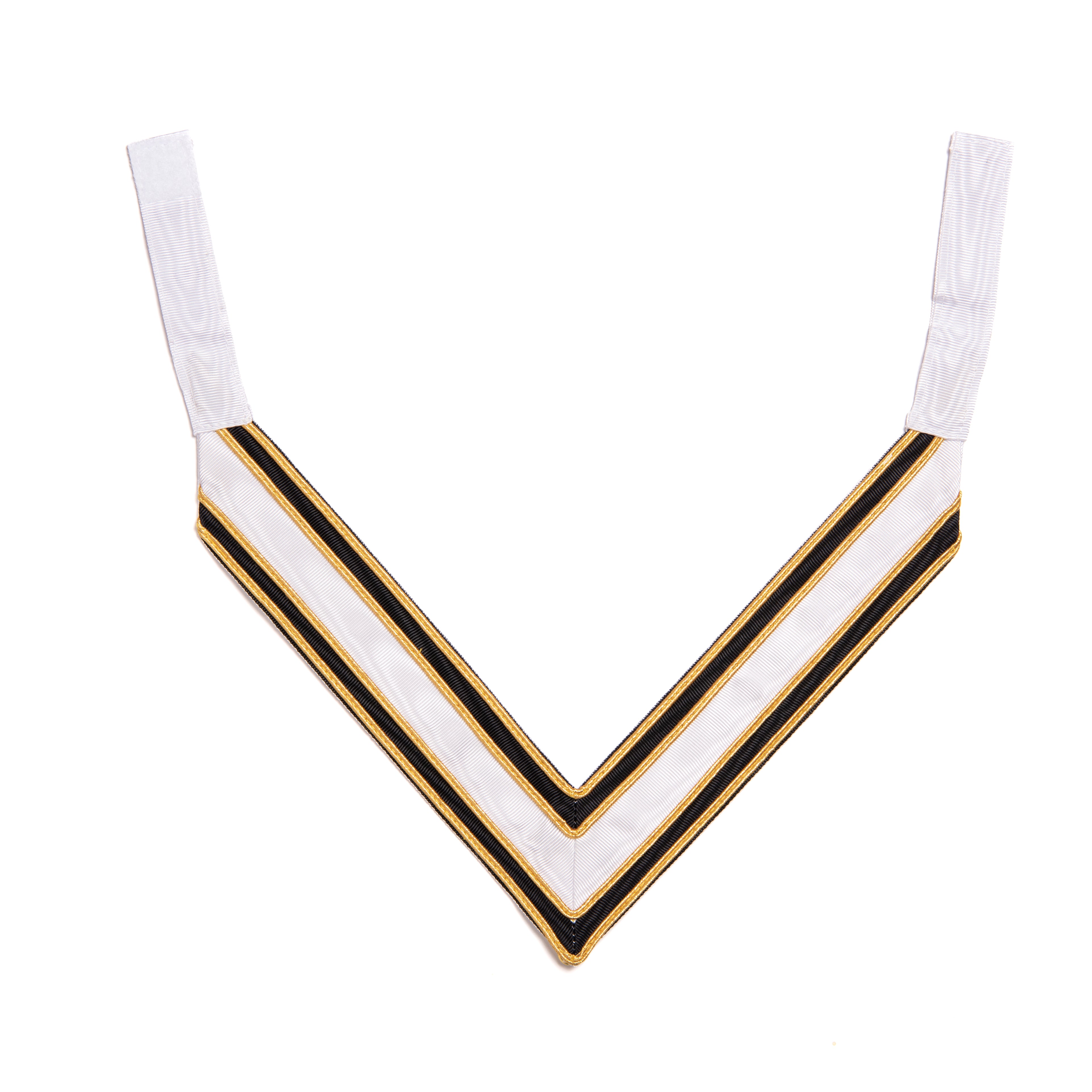 A 'V' neck Masonic collarette with a swivel hook tip, predominantly white with black and gold stripes.