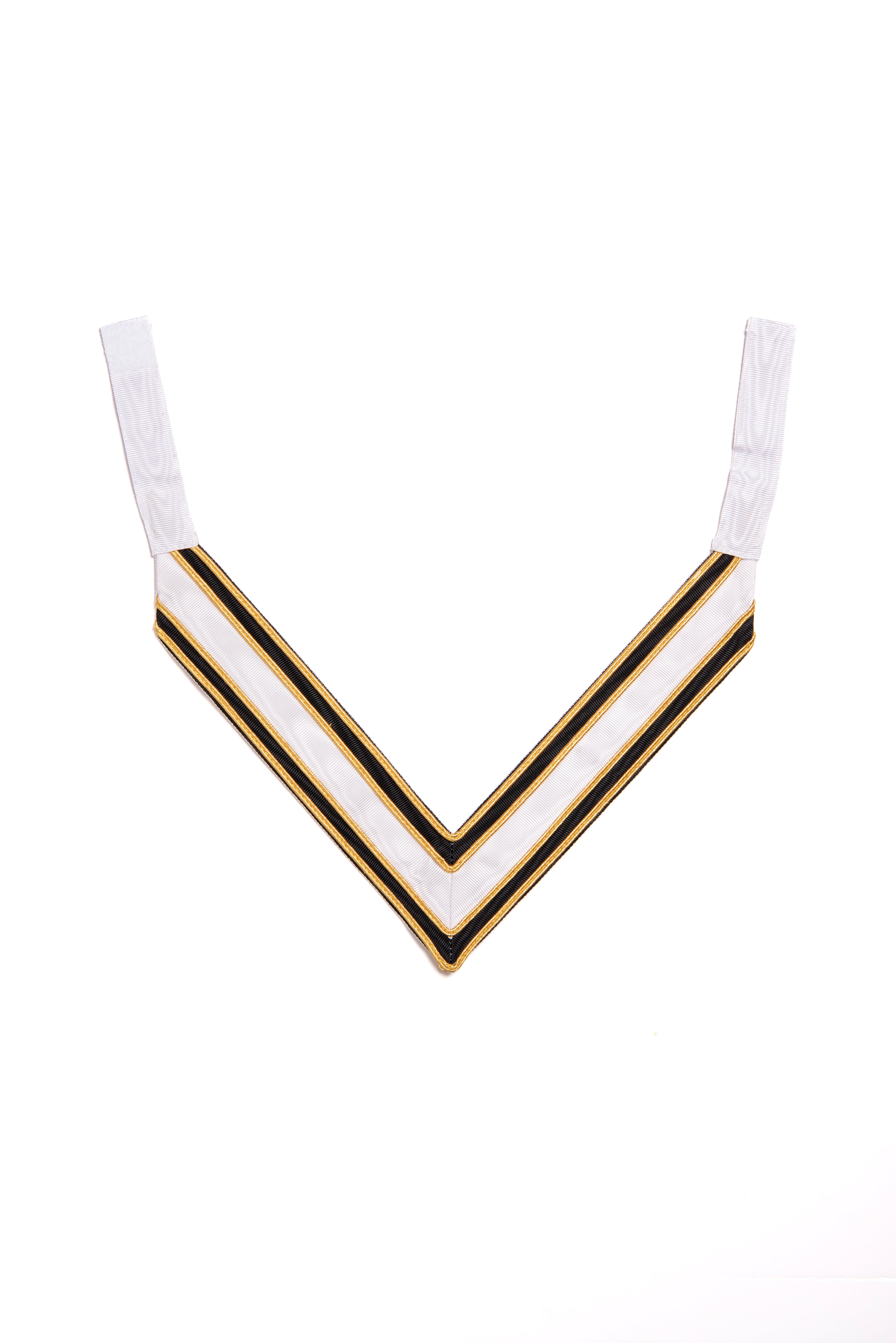 A 'V' neck Masonic collarette with a swivel hook tip, predominantly white with black and gold stripes.