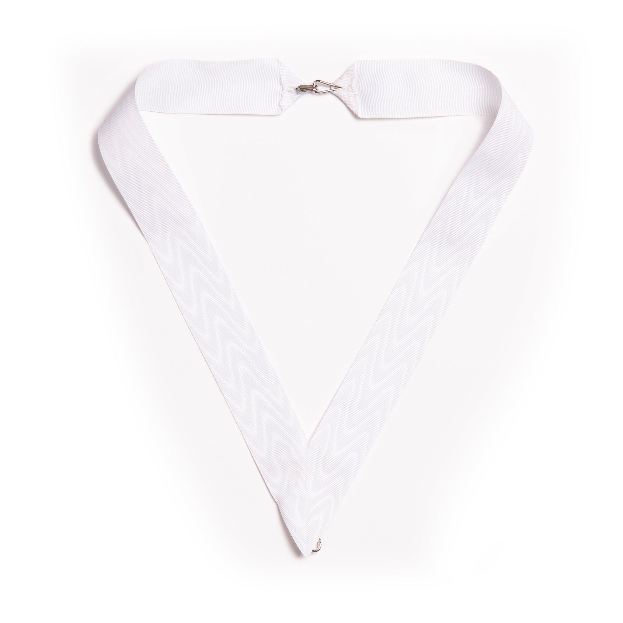 A white, solid-colored collar with a swivel hook tip and a small clip at the rear, displayed against a white background.