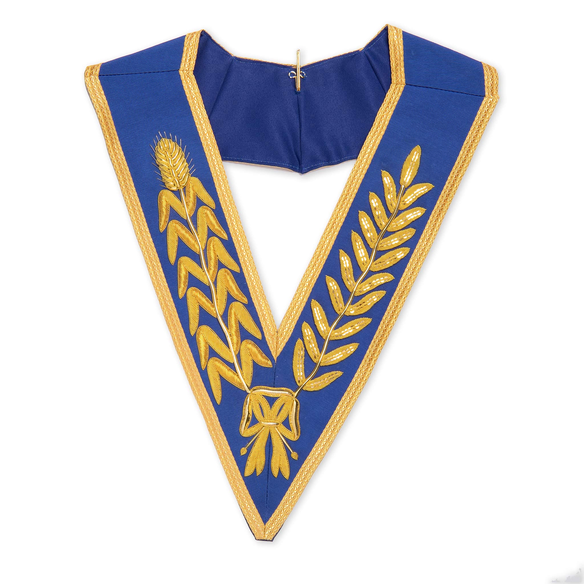 A blue and gold dress Masonic dress collar with embroidered leaf patterns.
