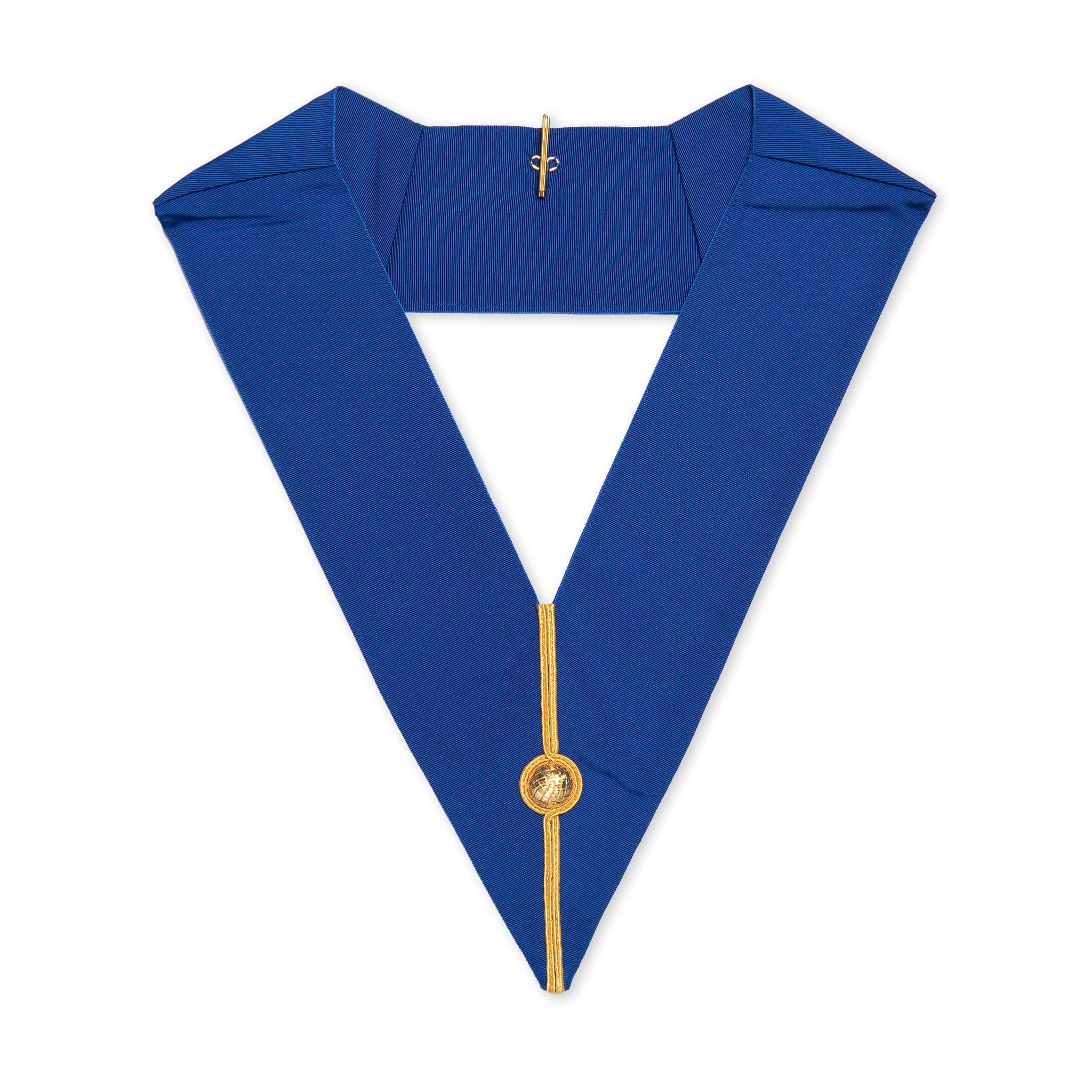 A blue Masonic undress collar with gold embroidery and a Masonic emblem at the center.