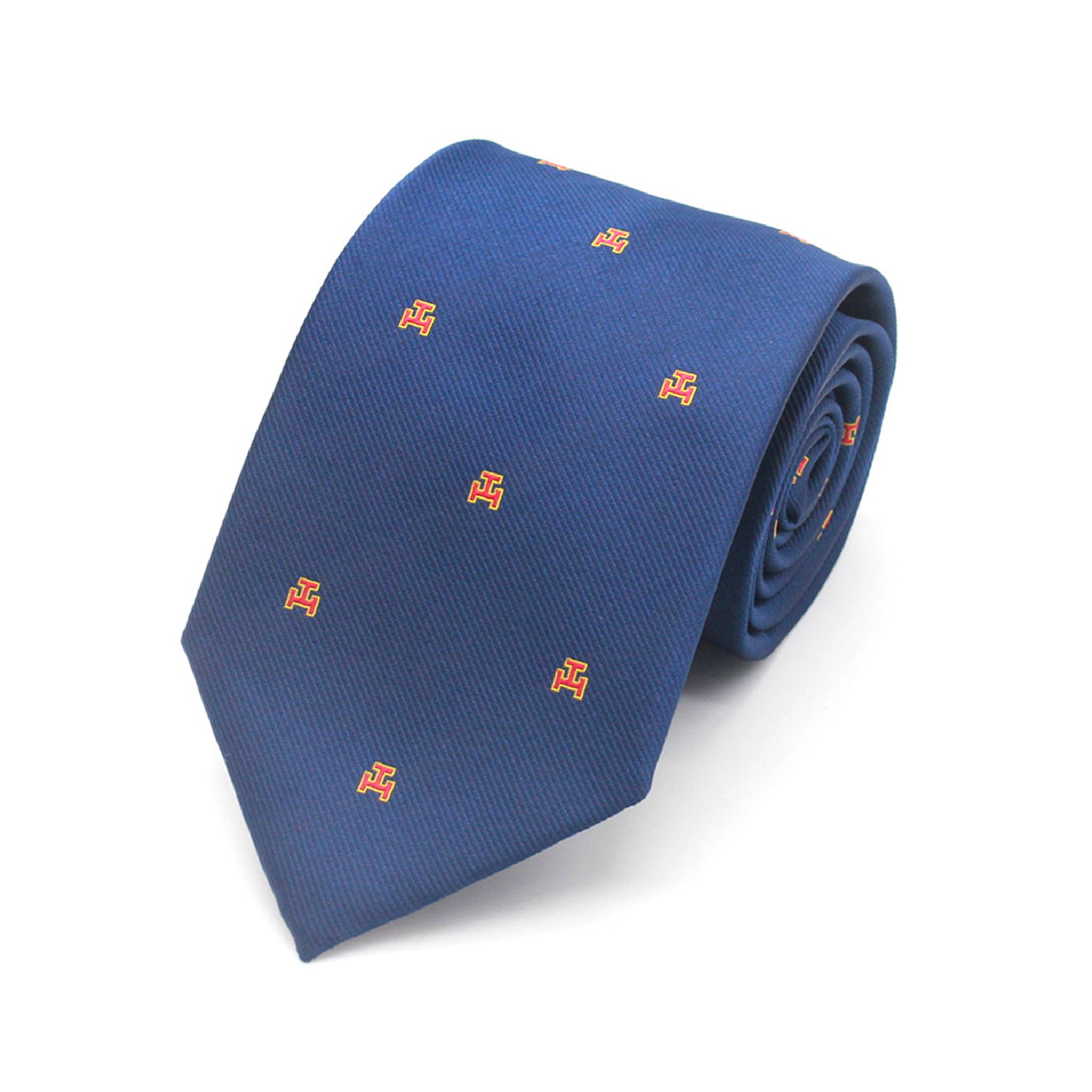 A Masonic rolled blue tie with a pattern of gold, red royal arch geometric shapes,.