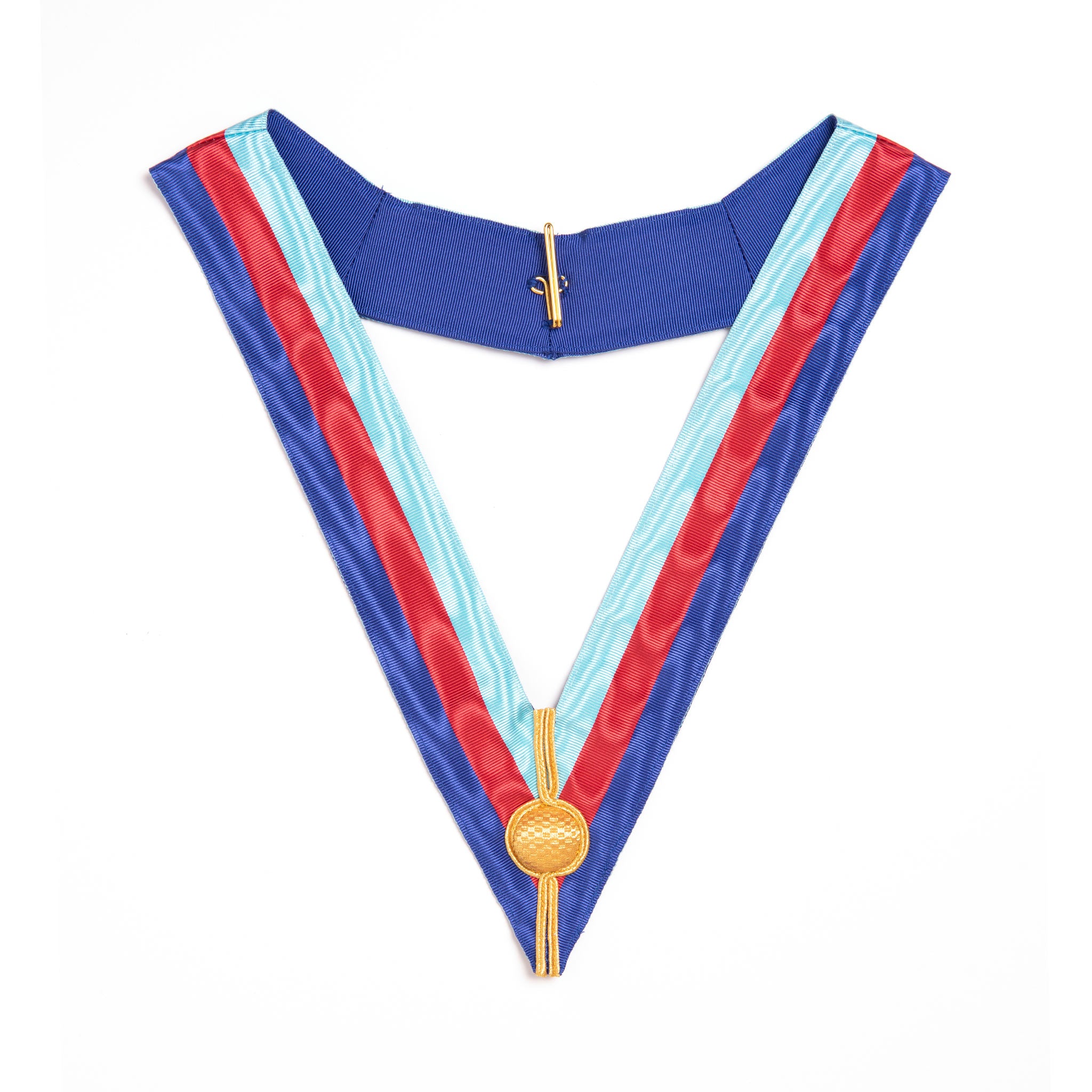 A blue, red, and white collarette with a gold-colored emblem and a blue backing.