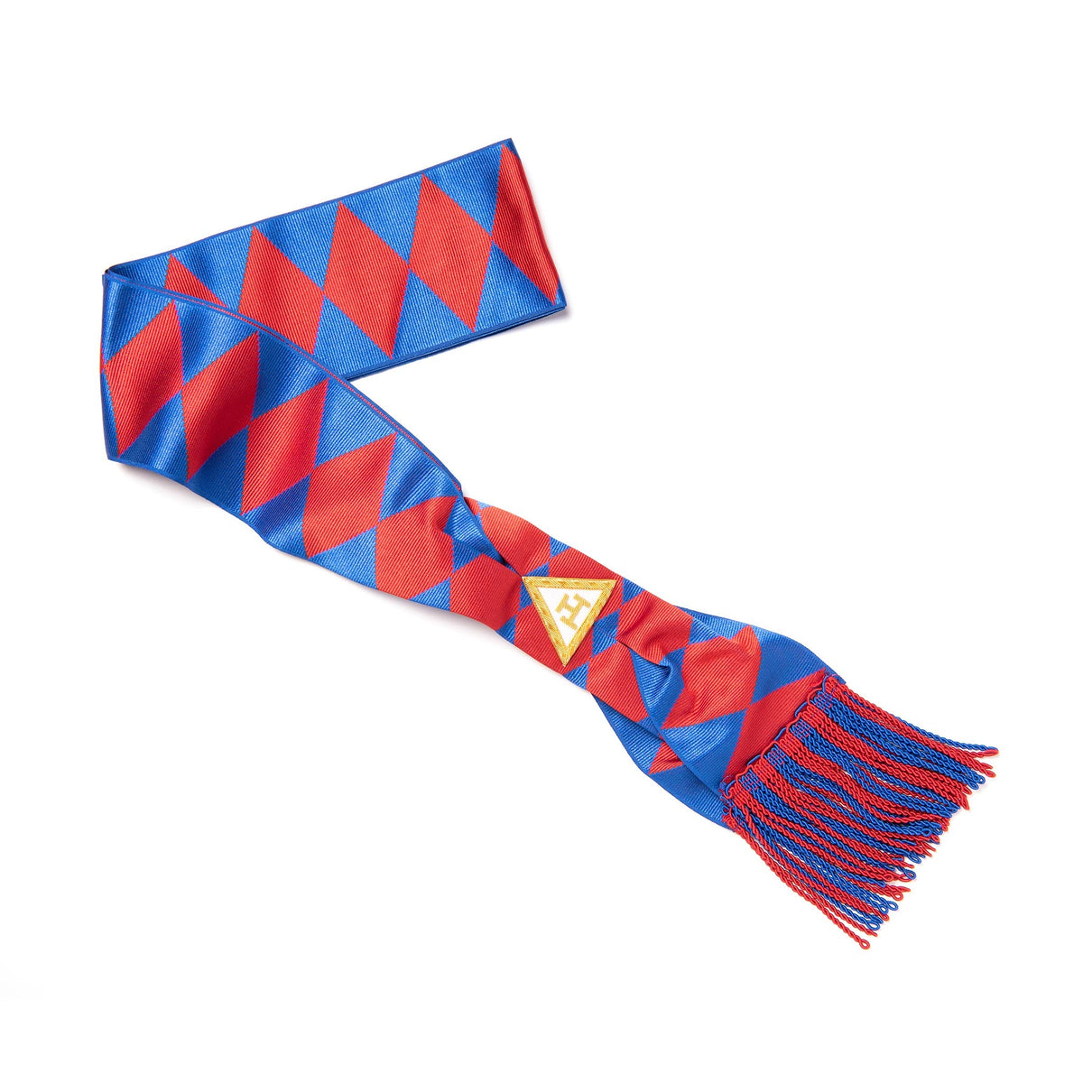 A colorful Masonic sash with geometric pattern, featuring gold braiding and a fringe.