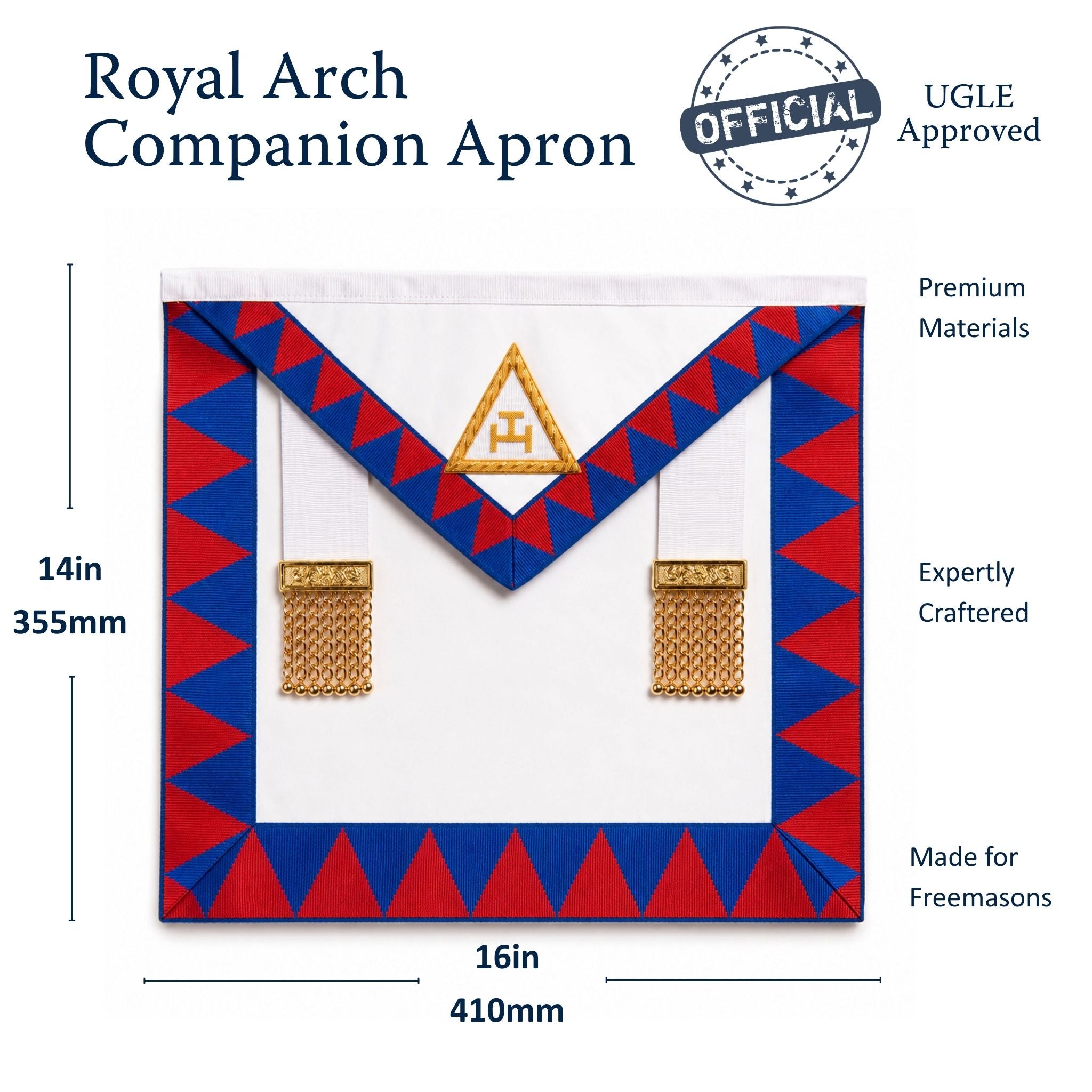 UGLE-approved Masonic Royal Arch Companion apron featuring a white front with a gold emblem, red and blue geometric patterns on the sides. Size dimension